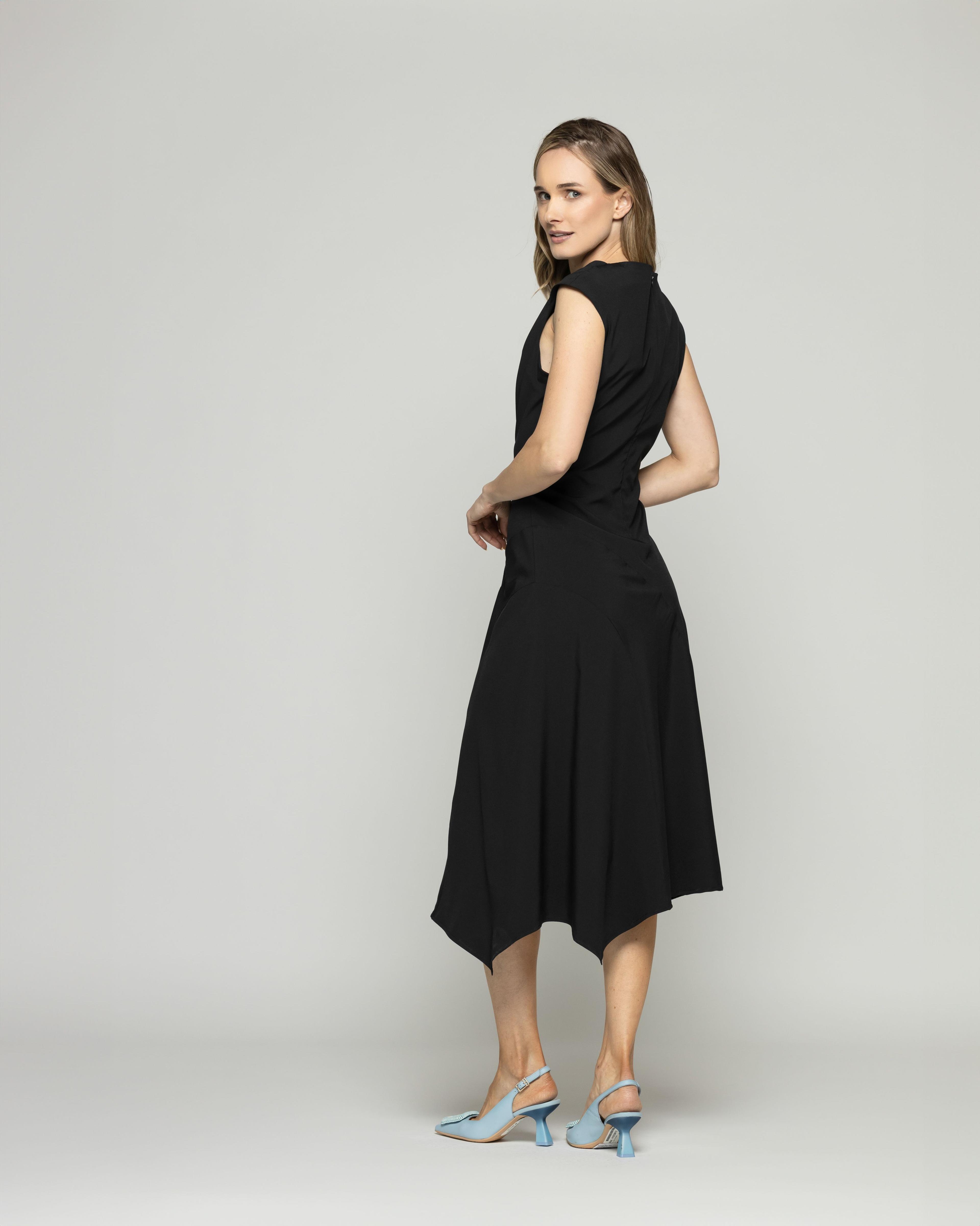 Vestido Mujer Yareta Midi Escote Redondo Hombro Drapeado Liso Negro Ludovica-7