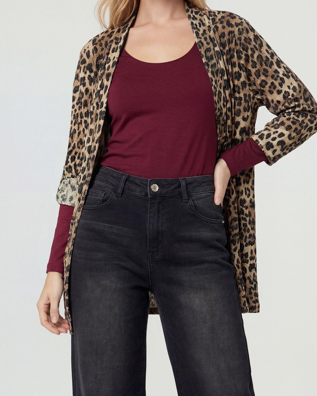 Spolverino Mujer Sol Relaxed Cuello Tipo Kimono Manga Suelta Leopardo Lineatre-2