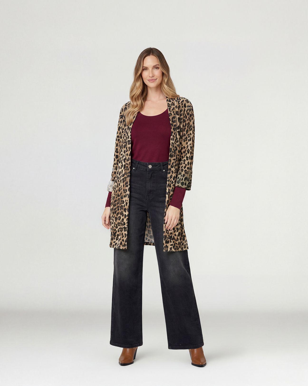 Spolverino Mujer Sol Relaxed Cuello Tipo Kimono Manga Suelta Leopardo Lineatre-3