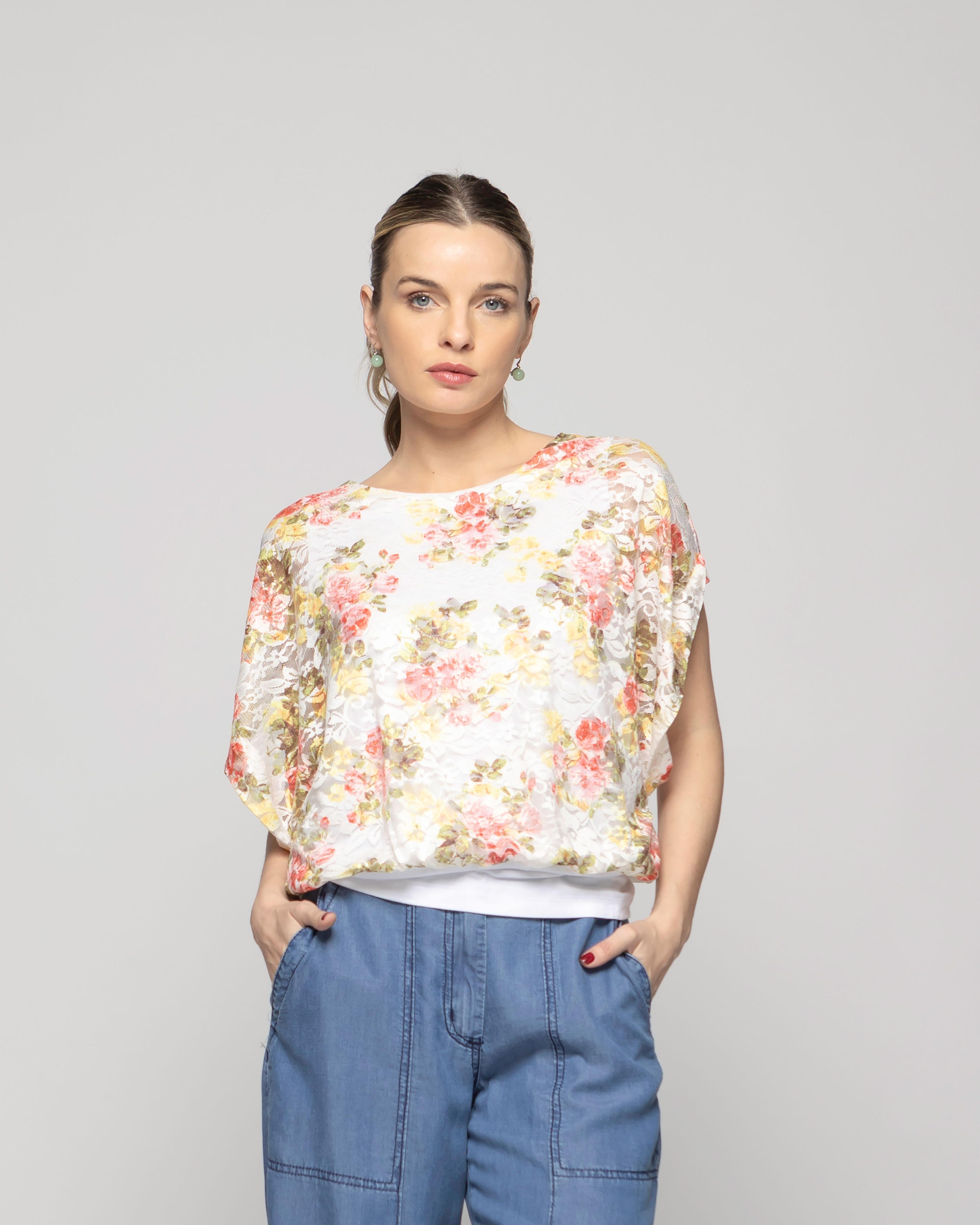 Polera Nigella Manga Caída Encaje Floral Rosado Y Blanco Ludovica-3