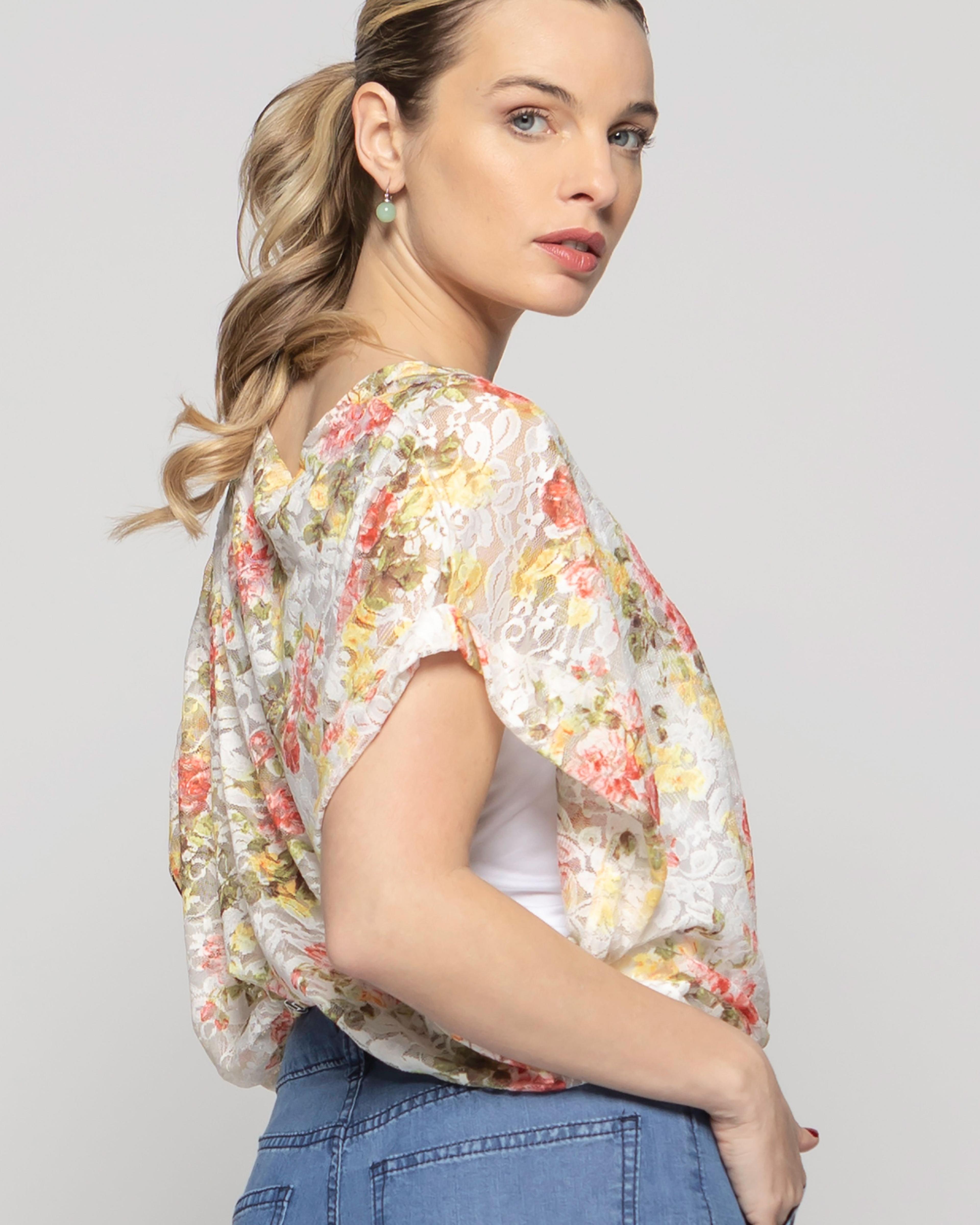 Polera Nigella Manga Caída Encaje Floral Rosado Y Blanco Ludovica-7