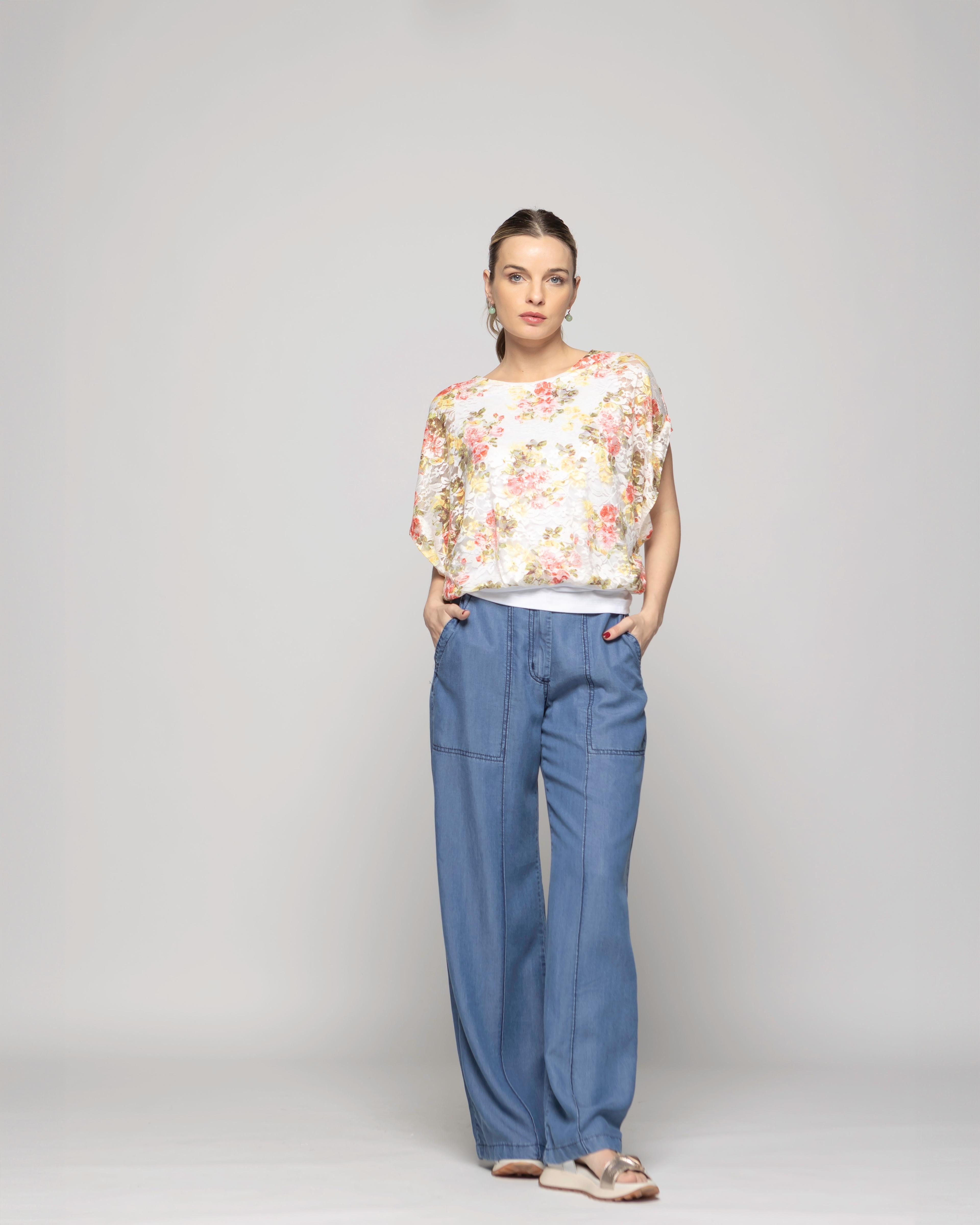 Polera Nigella Manga Caída Encaje Floral Rosado Y Blanco Ludovica-8