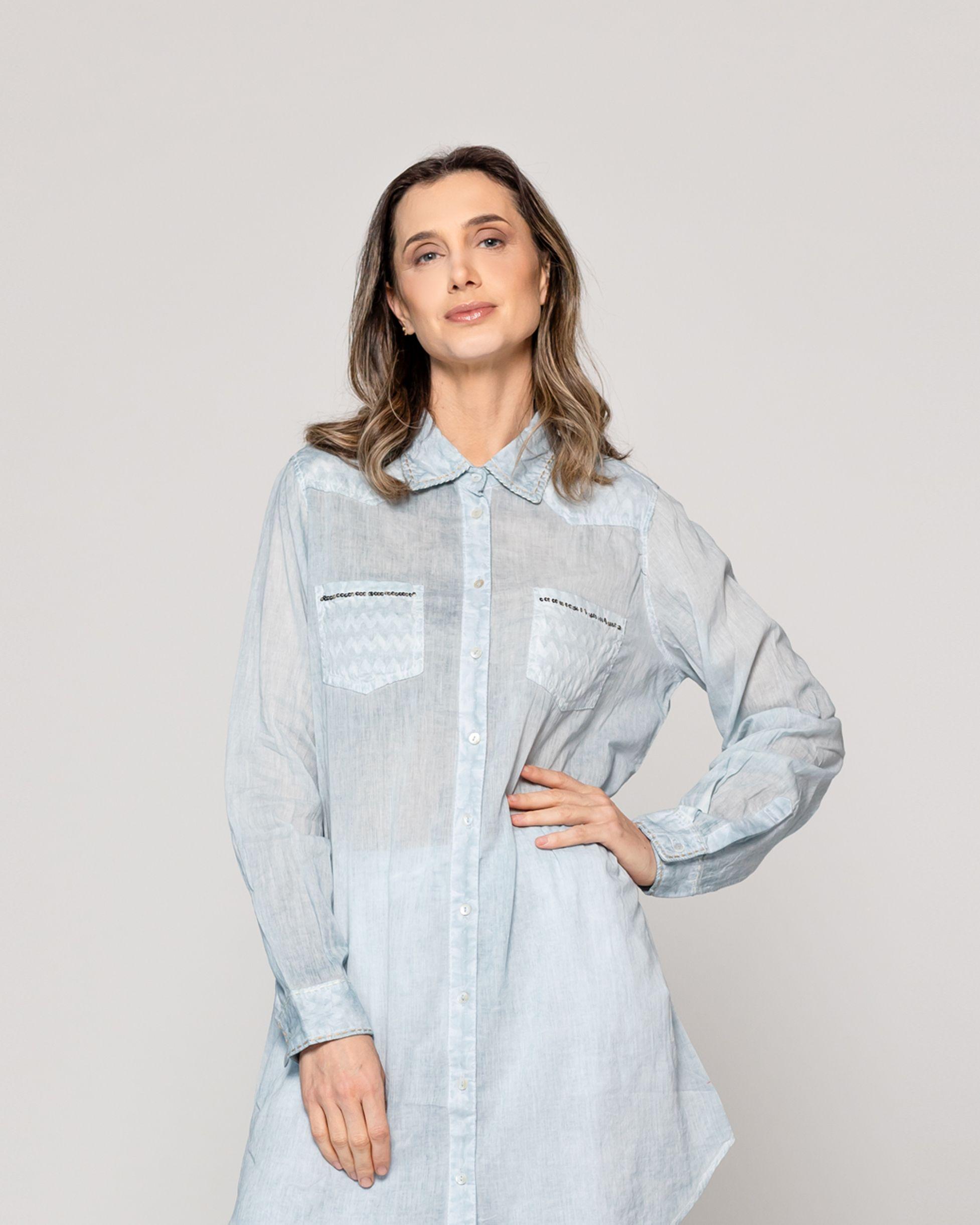 Blusa Mujer Biddy  Larga Tipo Jeans Bolsillo Frontal Y Detalle Lentejuelas Celeste Lineatre-0