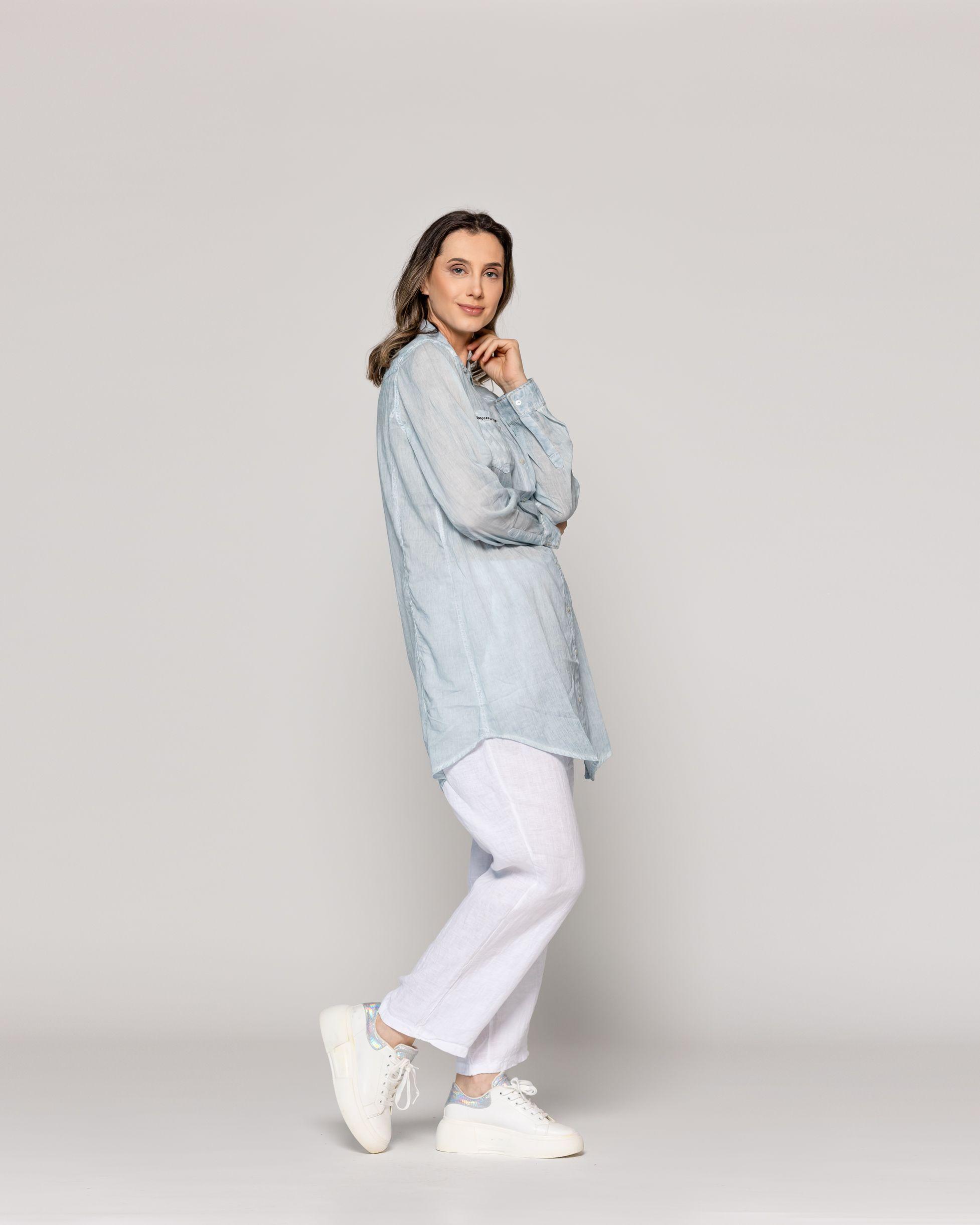 Blusa Mujer Biddy  Larga Tipo Jeans Bolsillo Frontal Y Detalle Lentejuelas Celeste Lineatre-1