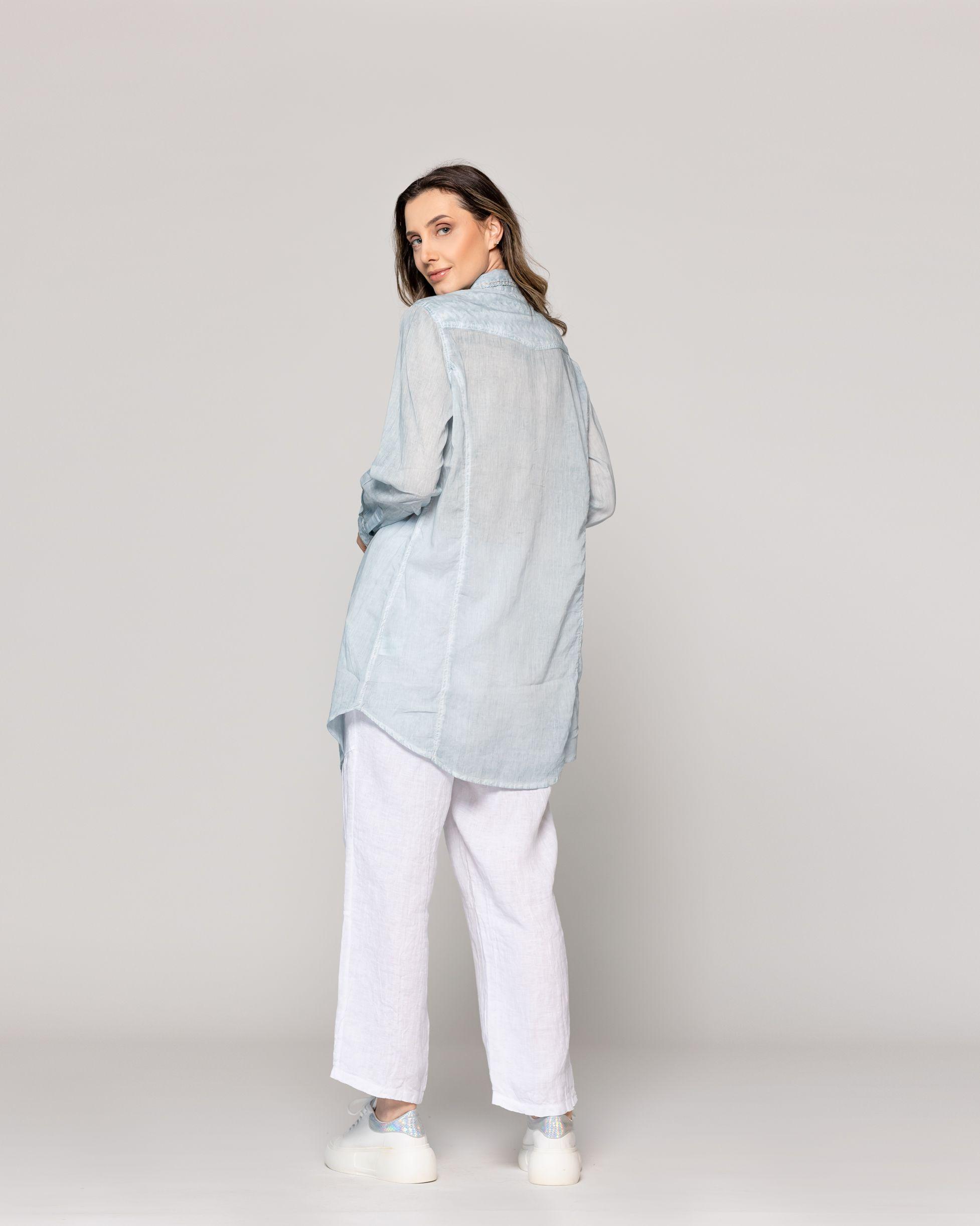 Blusa Mujer Biddy  Larga Tipo Jeans Bolsillo Frontal Y Detalle Lentejuelas Celeste Lineatre-2