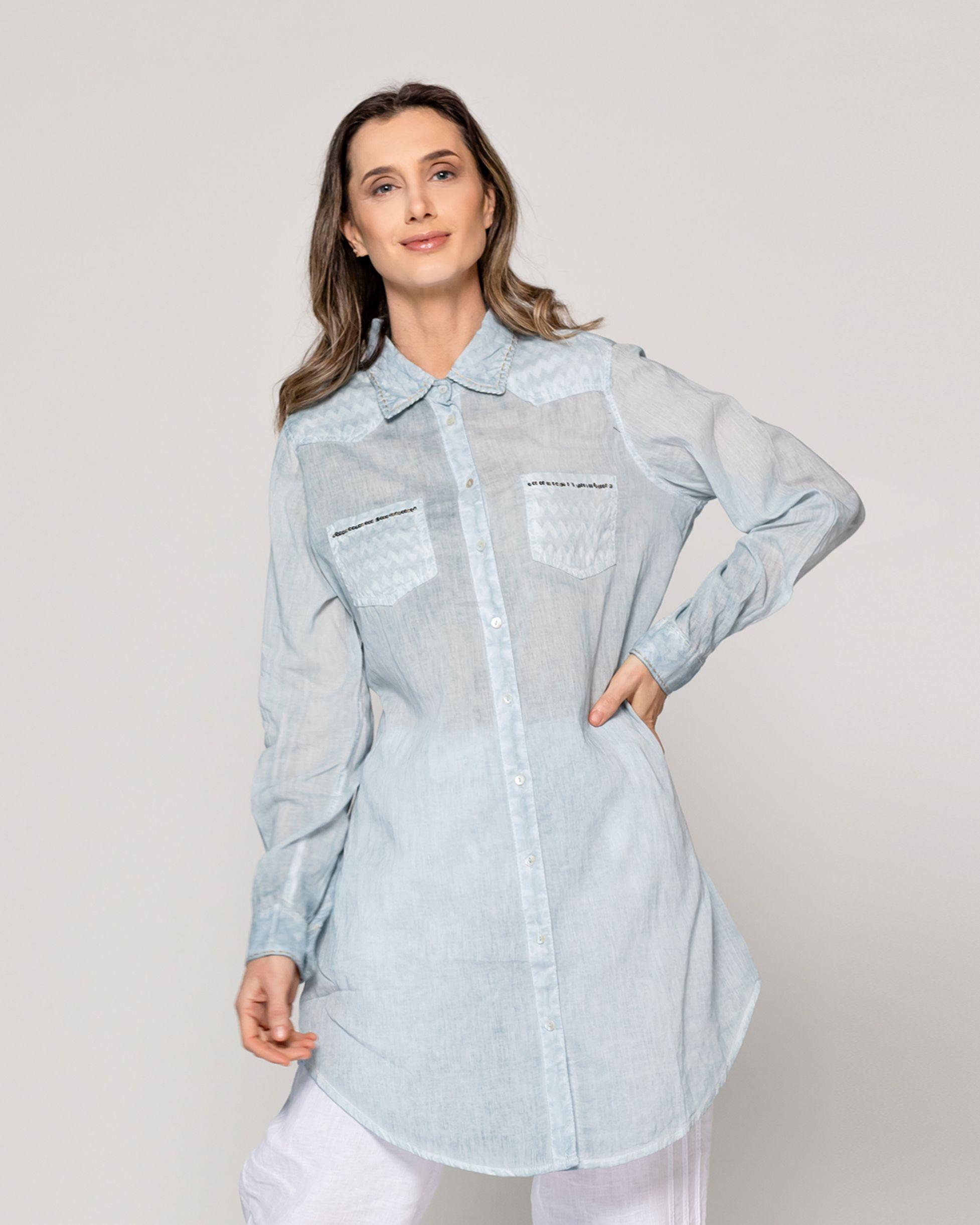 Blusa Mujer Biddy  Larga Tipo Jeans Bolsillo Frontal Y Detalle Lentejuelas Celeste Lineatre-3