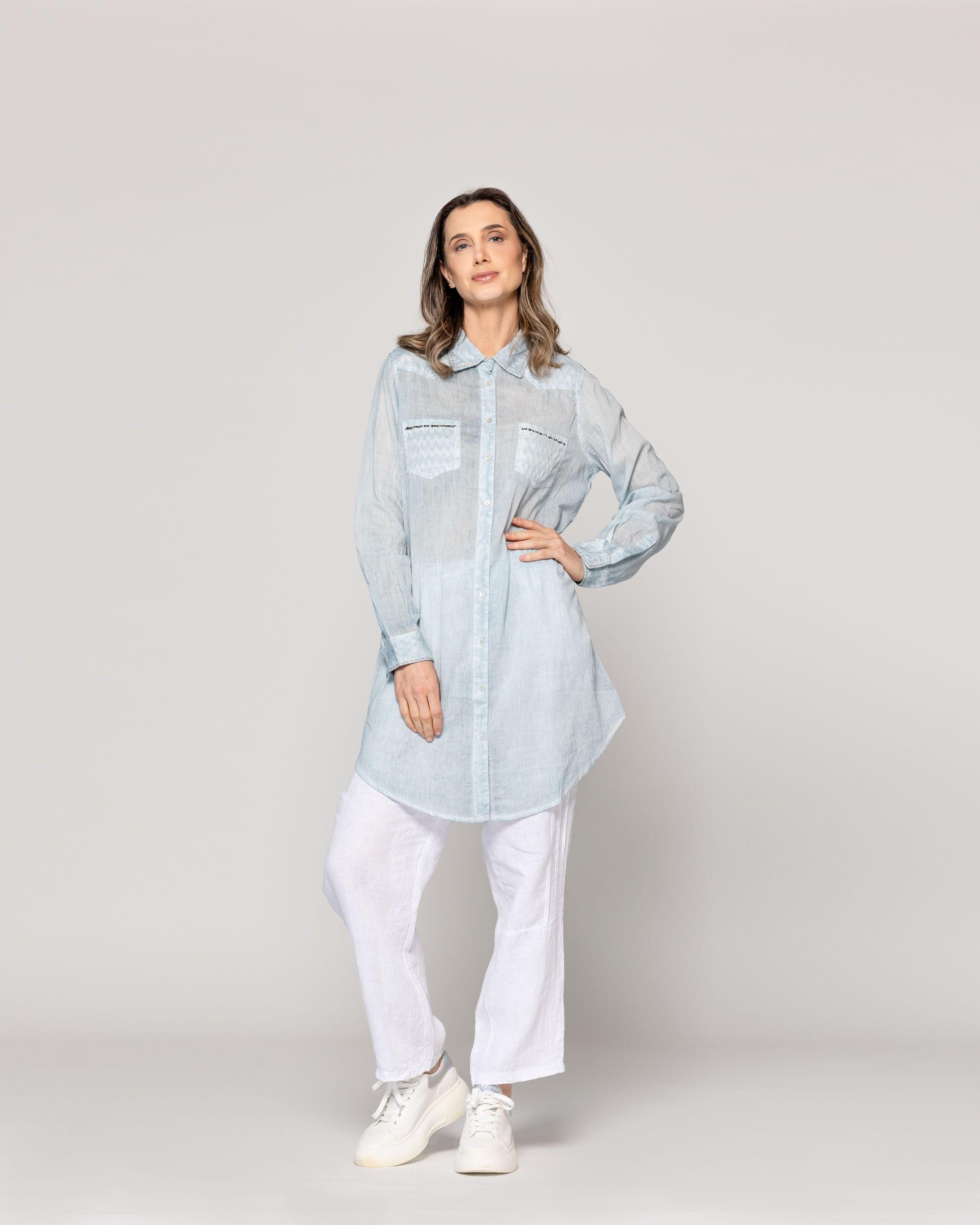 Blusa Mujer Biddy  Larga Tipo Jeans Bolsillo Frontal Y Detalle Lentejuelas Celeste Lineatre-4