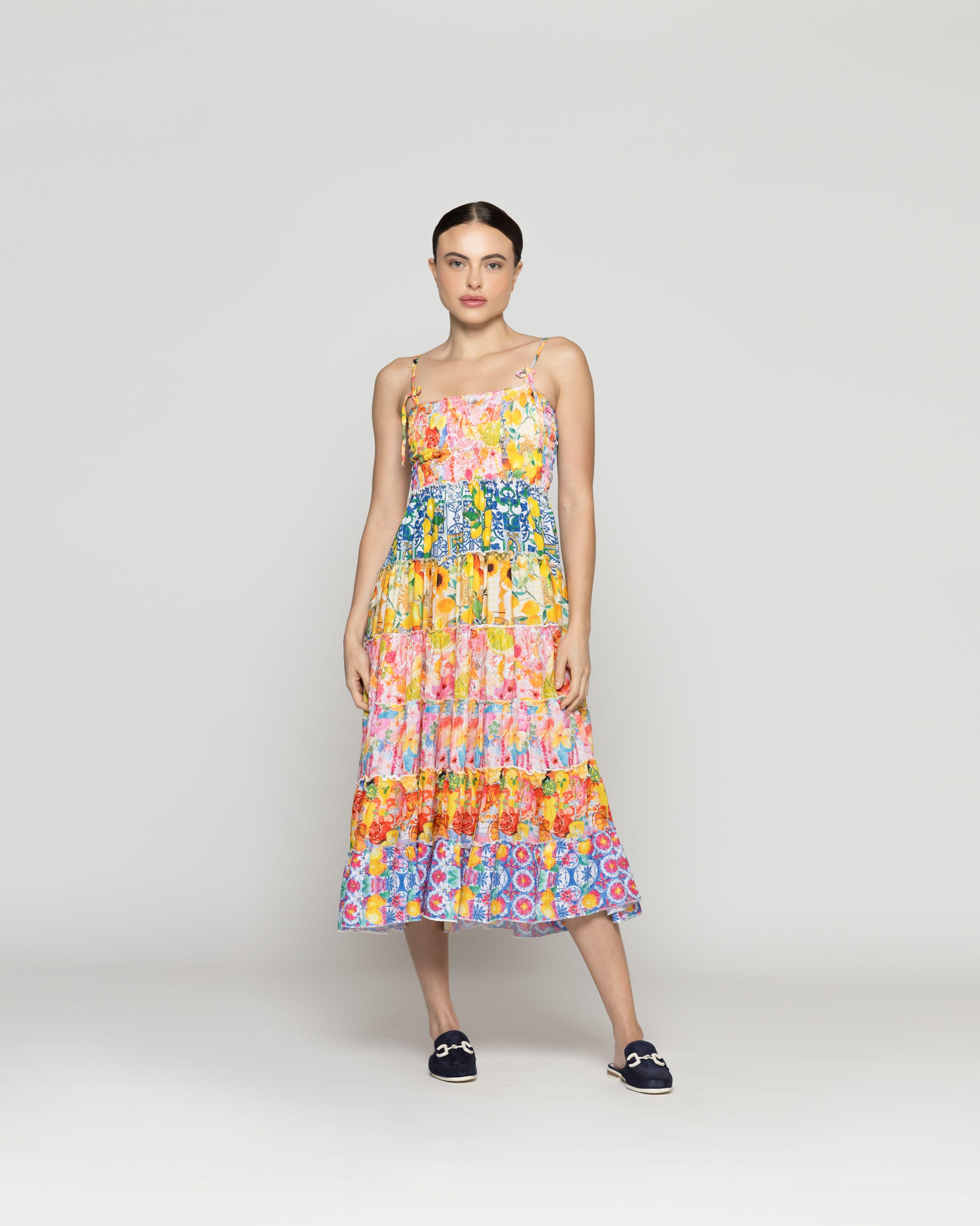 Vestido Mujer Velinda Con Vuelos Y Elasticado Estampado Frutal Amarillo Lineatre-1