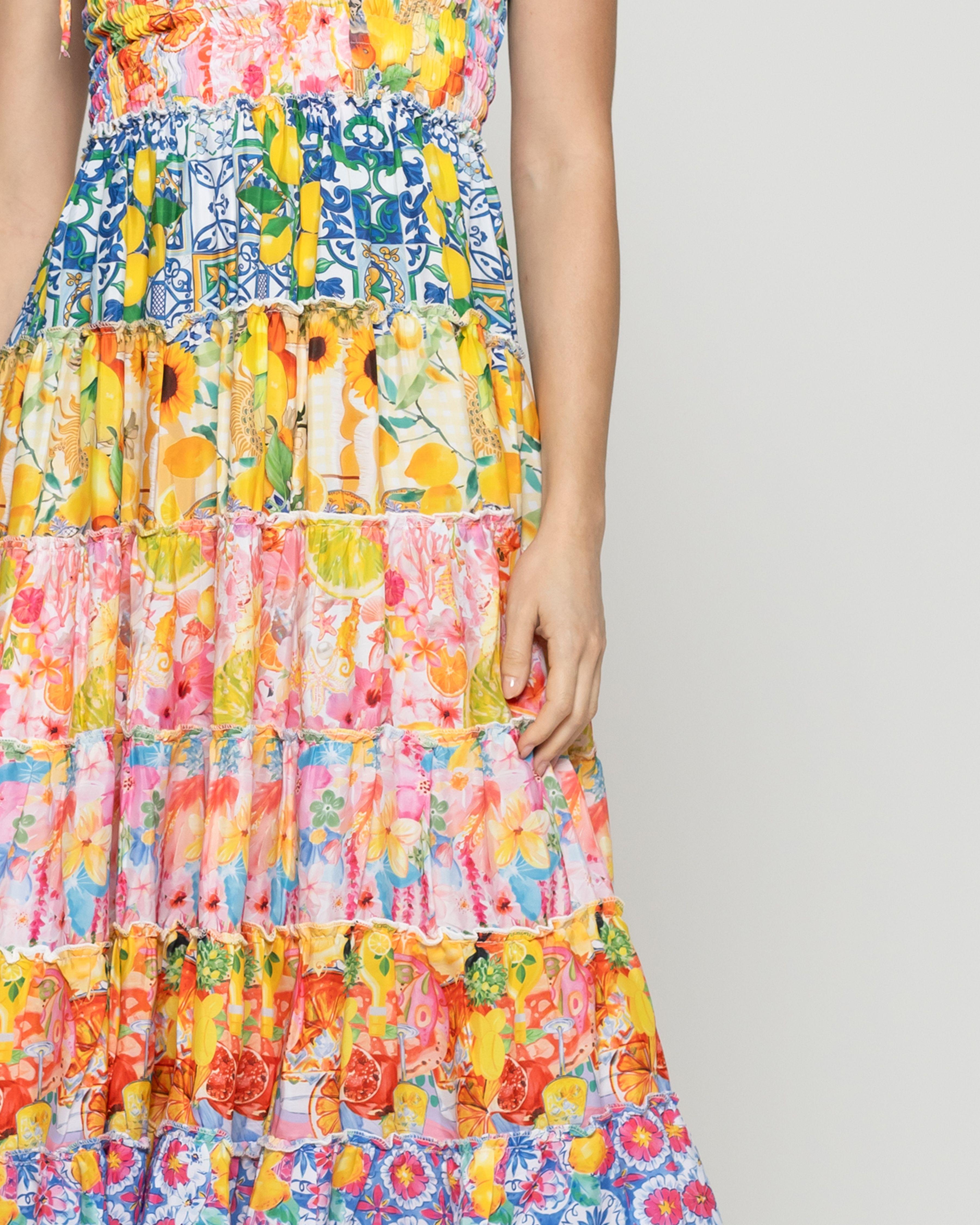 Vestido Mujer Velinda Con Vuelos Y Elasticado Estampado Frutal Amarillo Lineatre-2