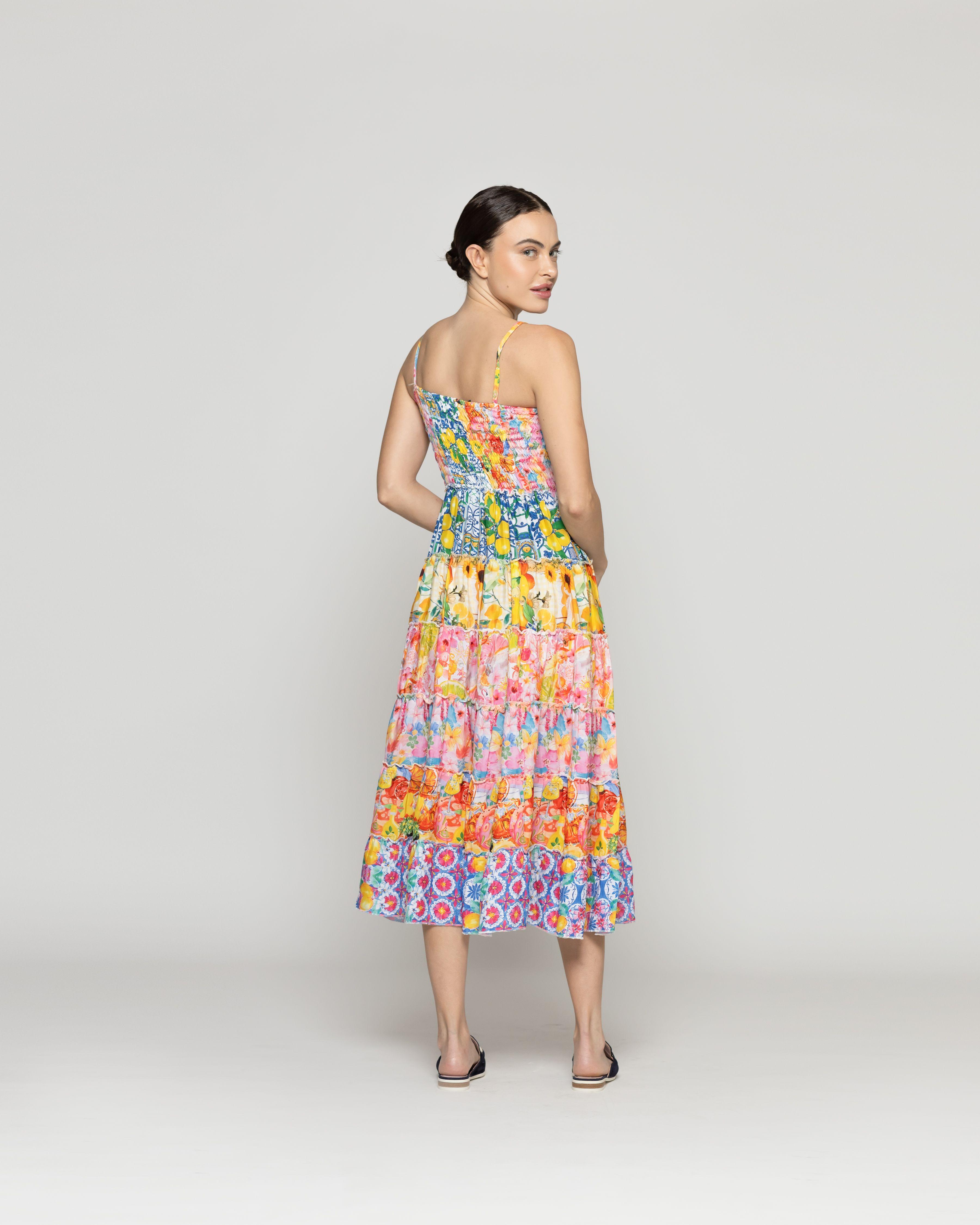 Vestido Mujer Velinda Con Vuelos Y Elasticado Estampado Frutal Amarillo Lineatre-3