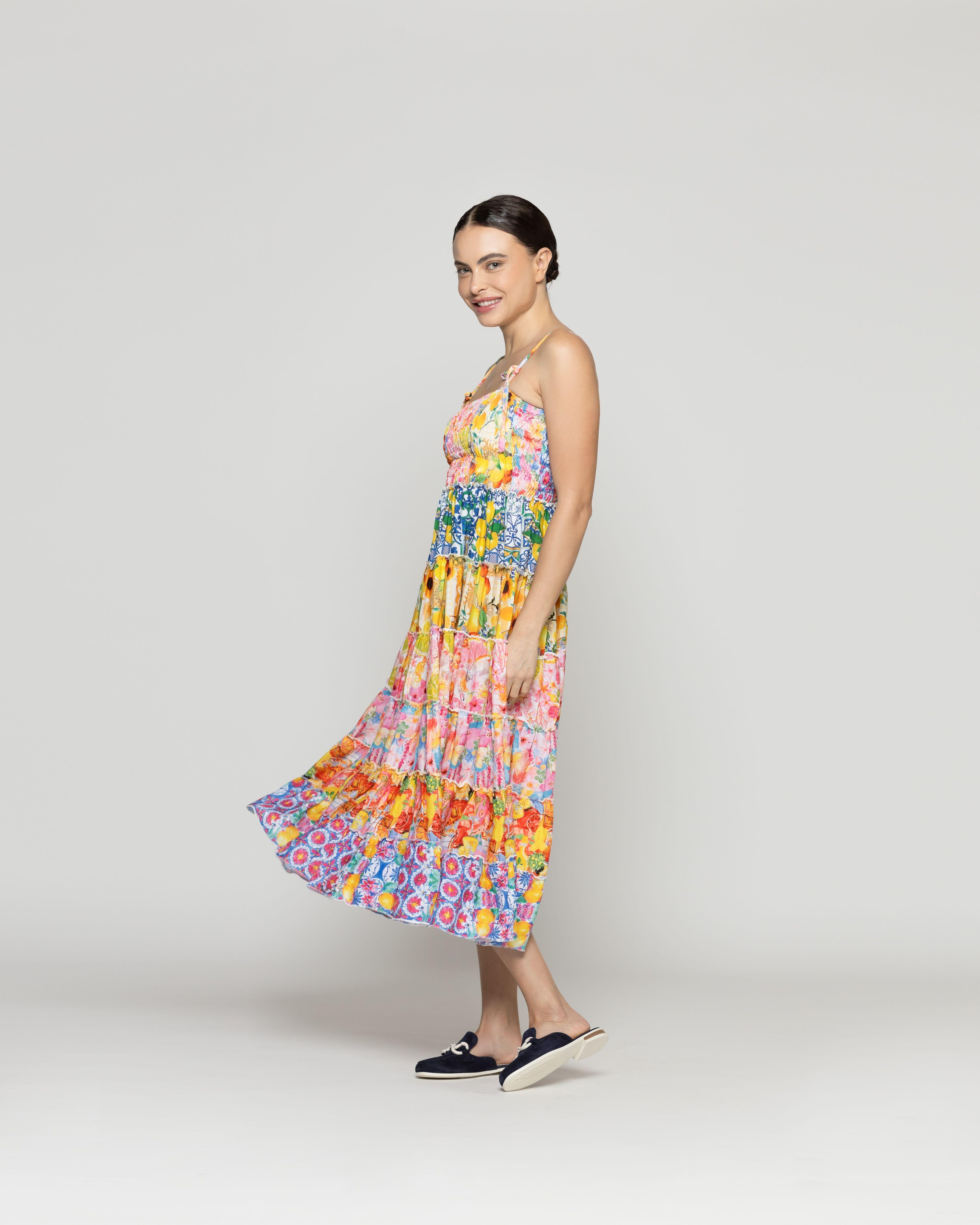 Vestido Mujer Velinda Con Vuelos Y Elasticado Estampado Frutal Amarillo Lineatre-4