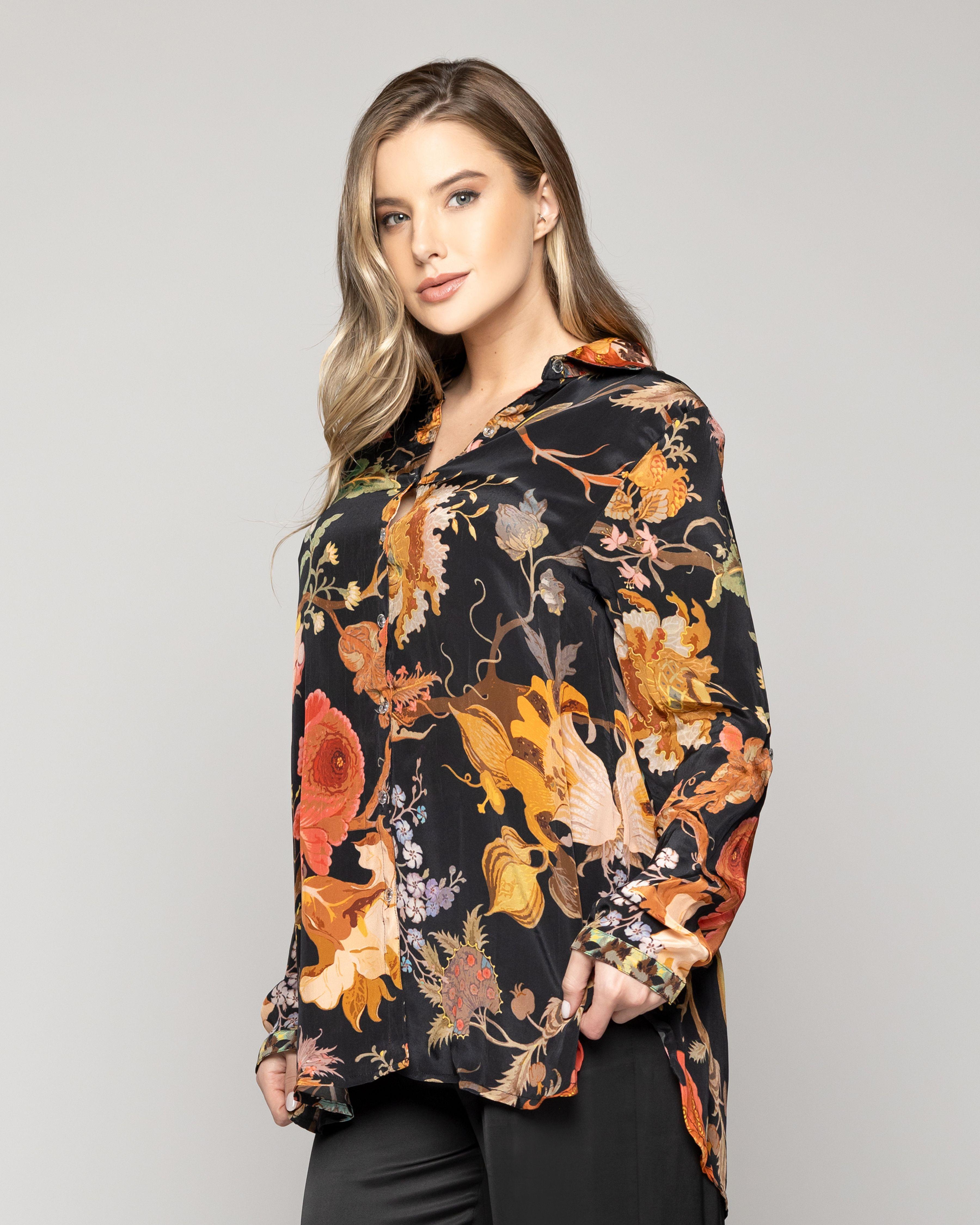 Blusa Mujer Belia Tipo Satín Estampado Flores Negra  Lineatre-0