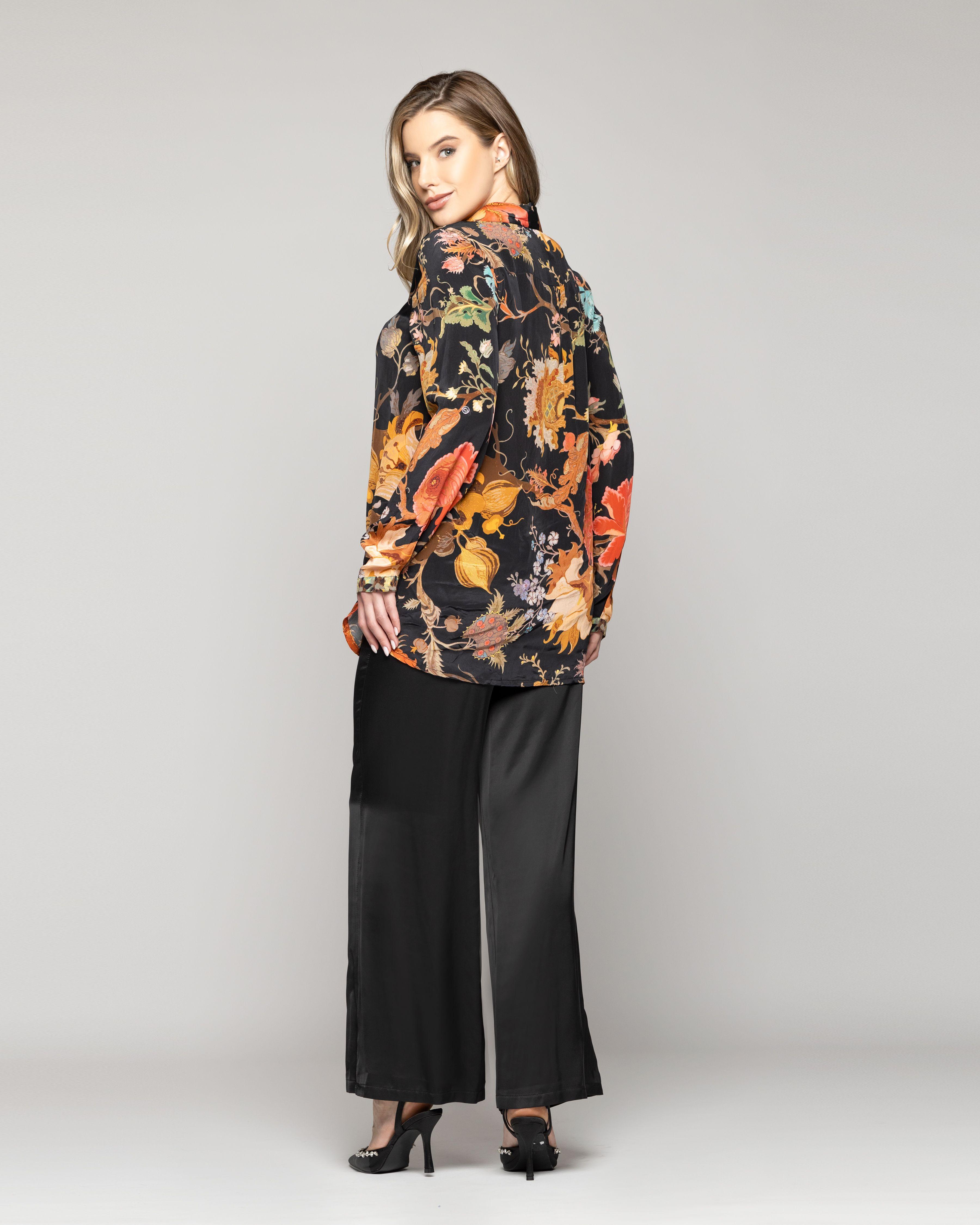 Blusa Mujer Belia Tipo Satín Estampado Flores Negra  Lineatre-2
