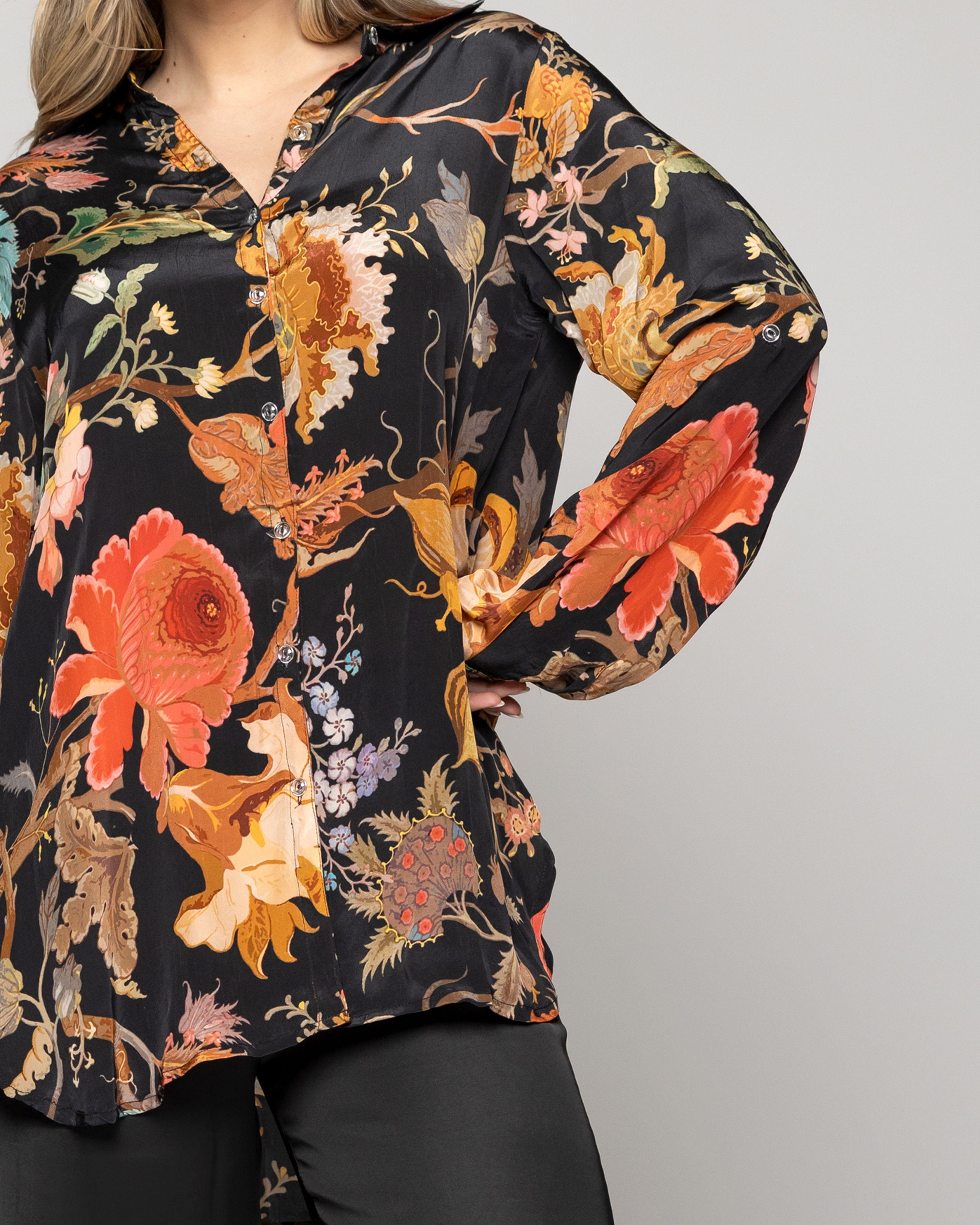 Blusa Mujer Belia Tipo Satín Estampado Flores Negra  Lineatre-3