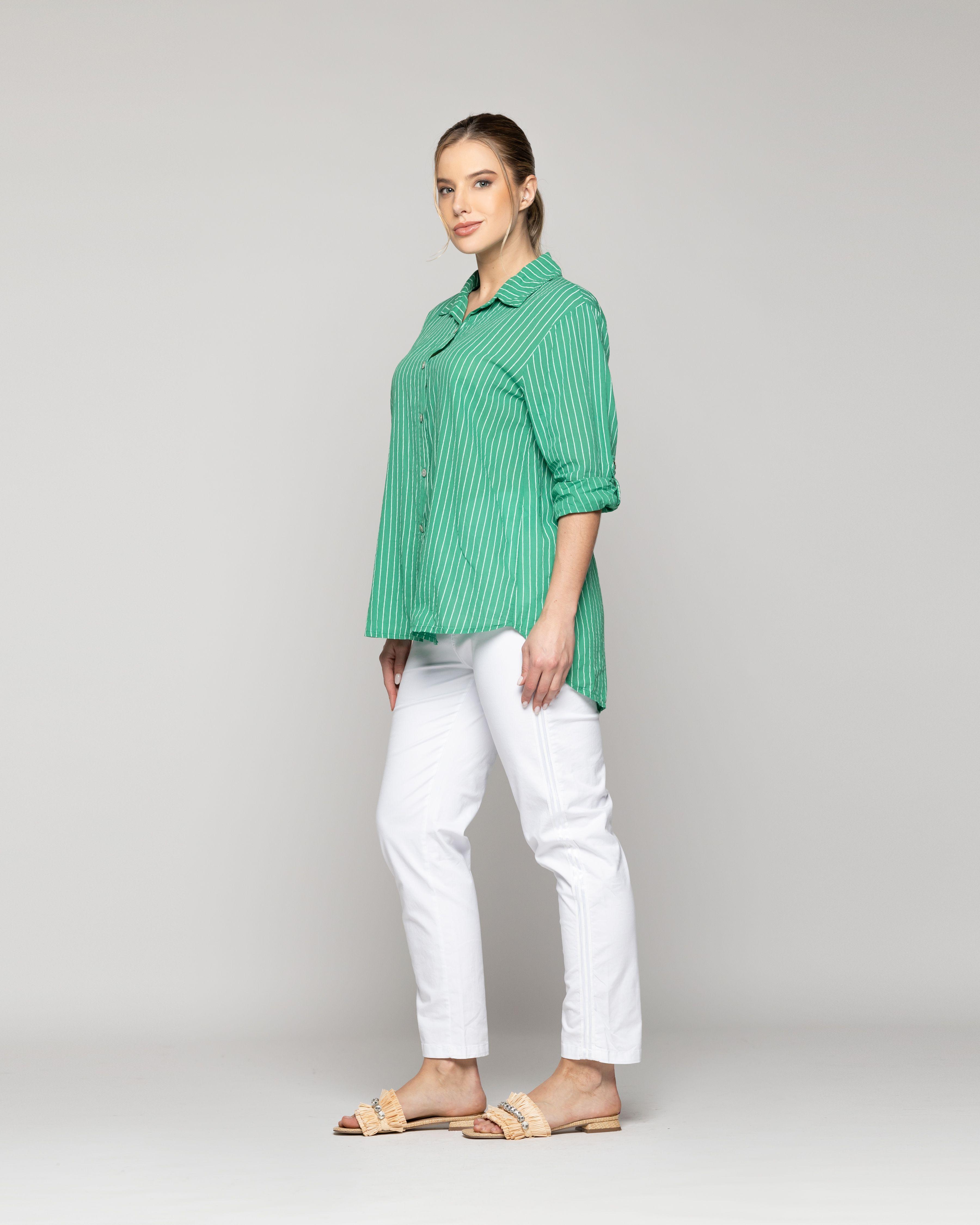 Blusa Mujer Betsabe de Algodón Manga Larga Con Rayas Verde Lineatre-3