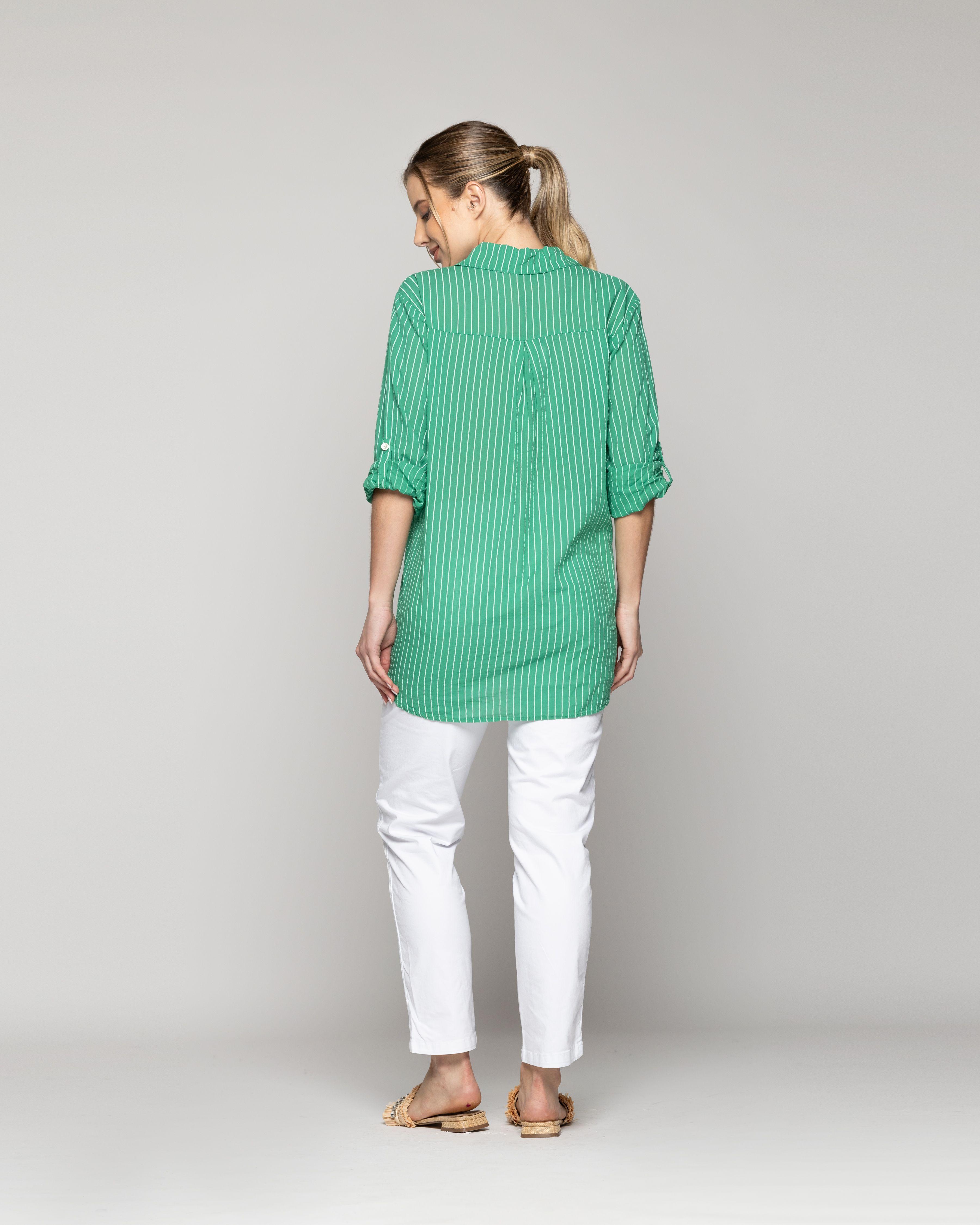 Blusa Mujer Betsabe de Algodón Manga Larga Con Rayas Verde Lineatre-6