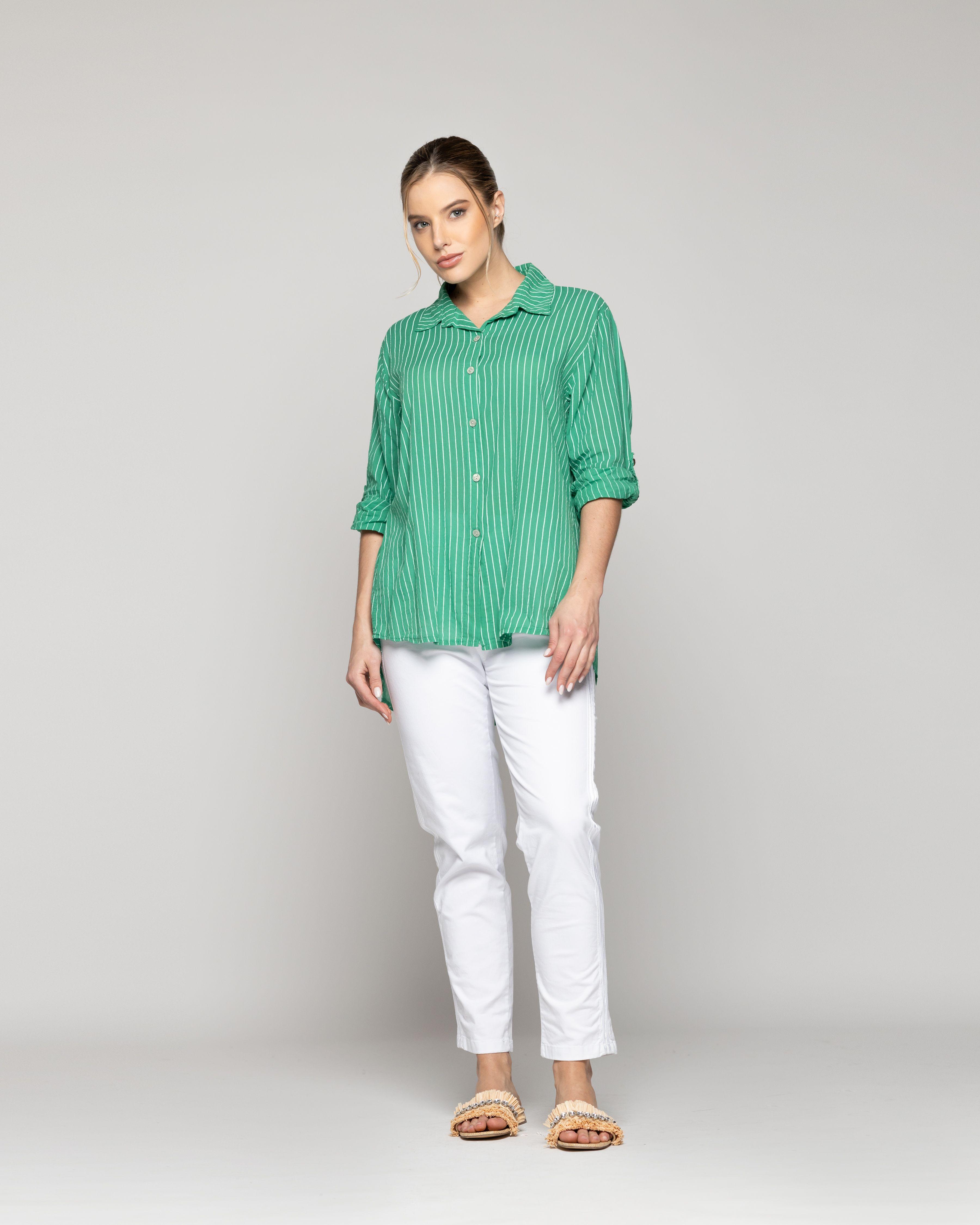 Blusa Mujer Betsabe de Algodón Manga Larga Con Rayas Verde Lineatre-9