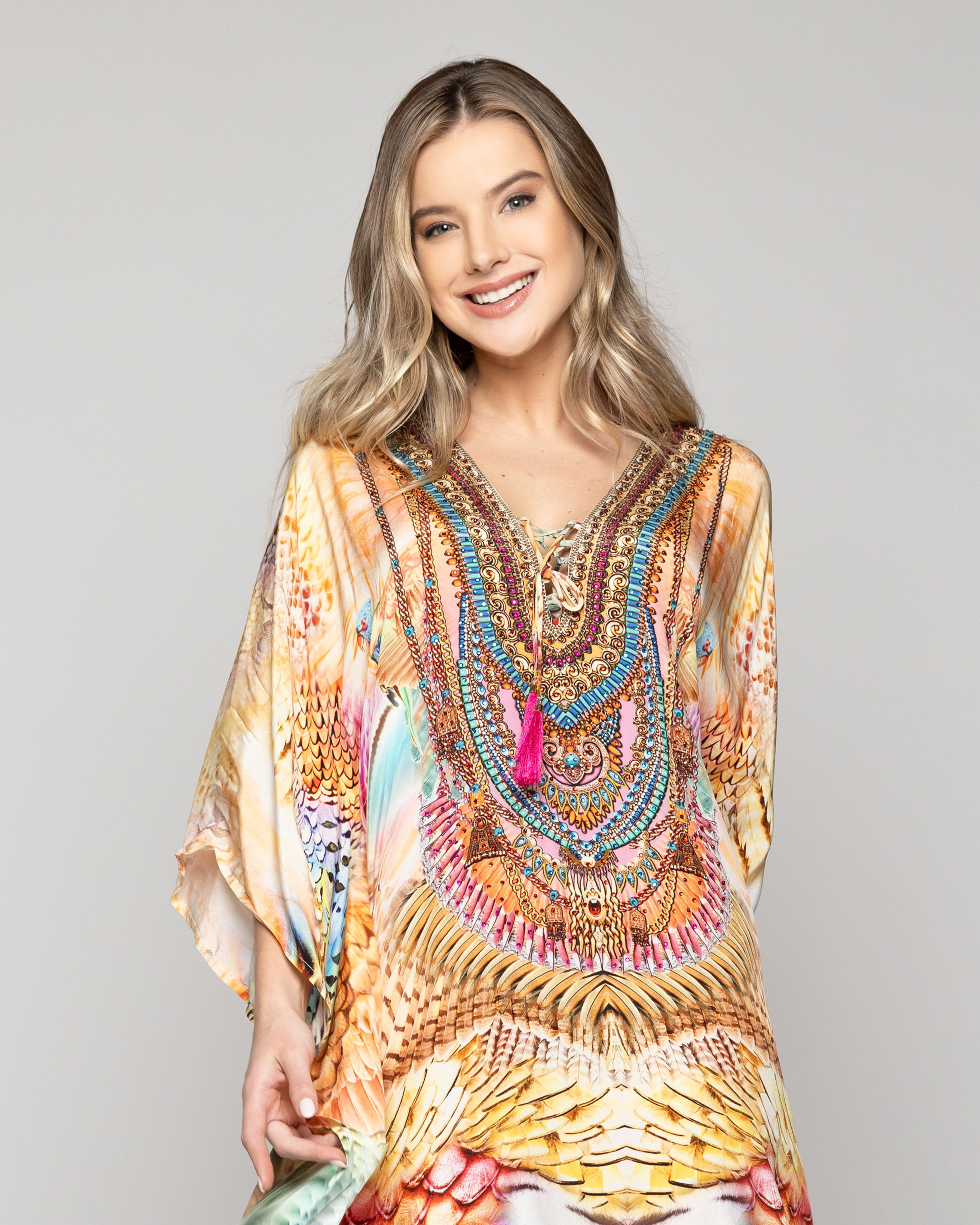 Túnica Mujer Tipo Kaftan Qamira Estampado Tribal Rosa Lineatre-0