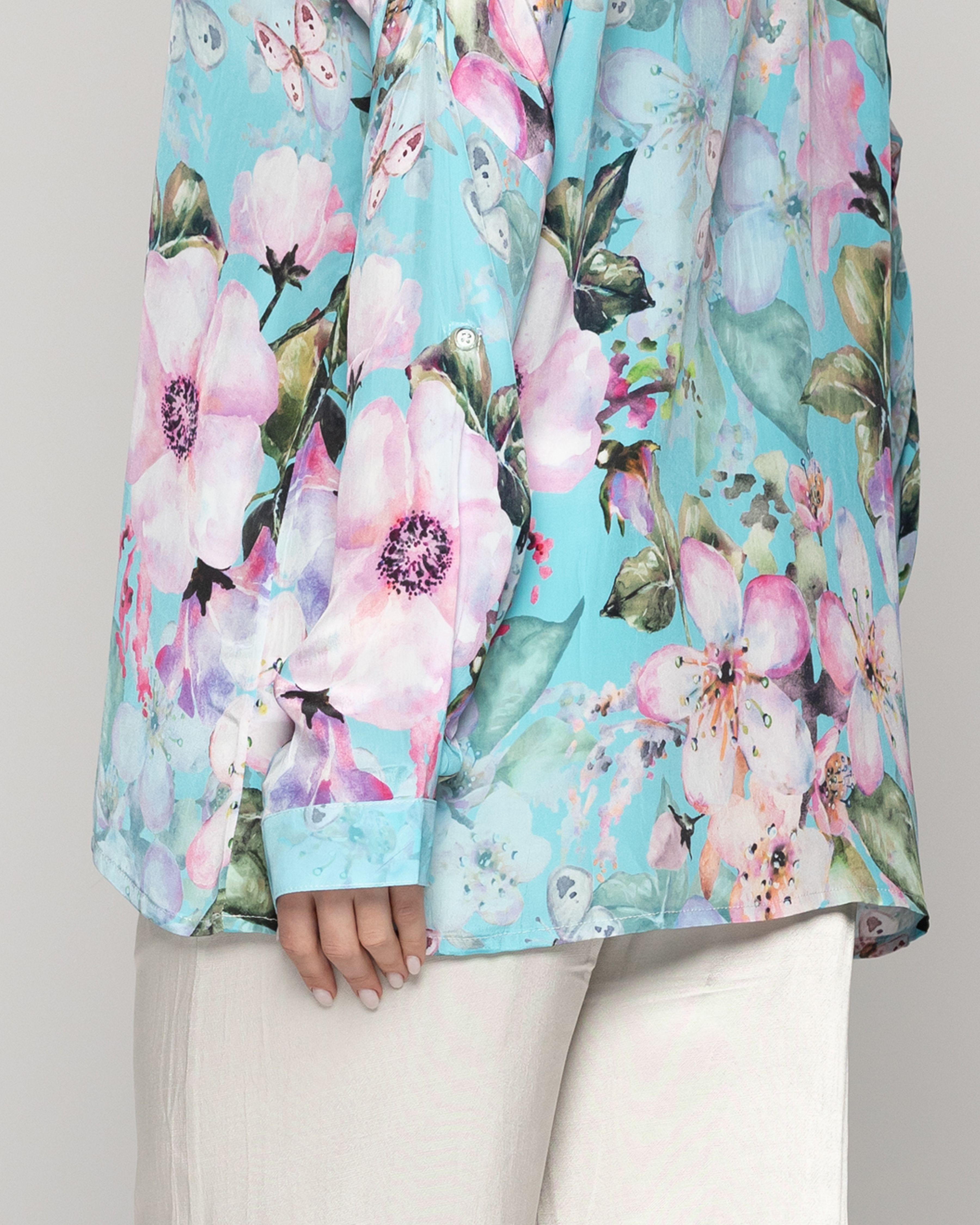 Blusa Mujer Briela Cuello Mao Estampada Con Flores Verde Menta Lineatre-2
