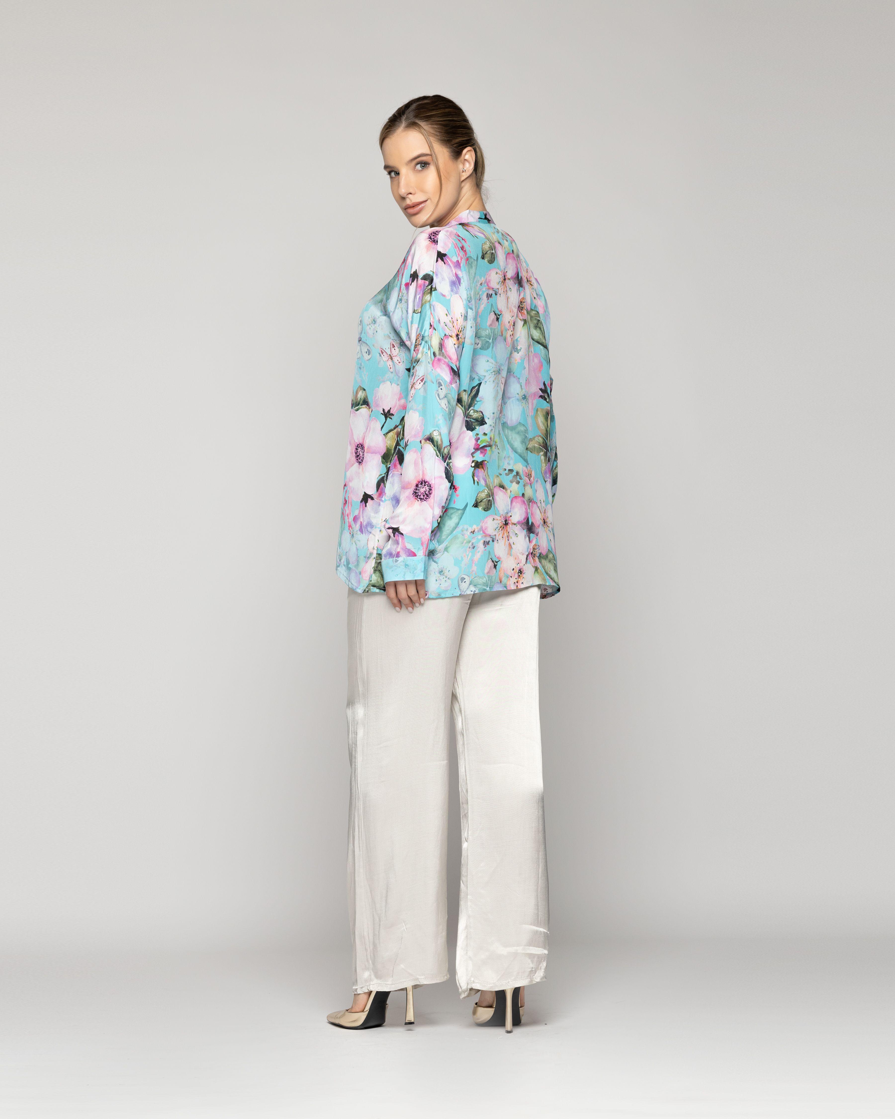 Blusa Mujer Briela Cuello Mao Estampada Con Flores Verde Menta Lineatre-3