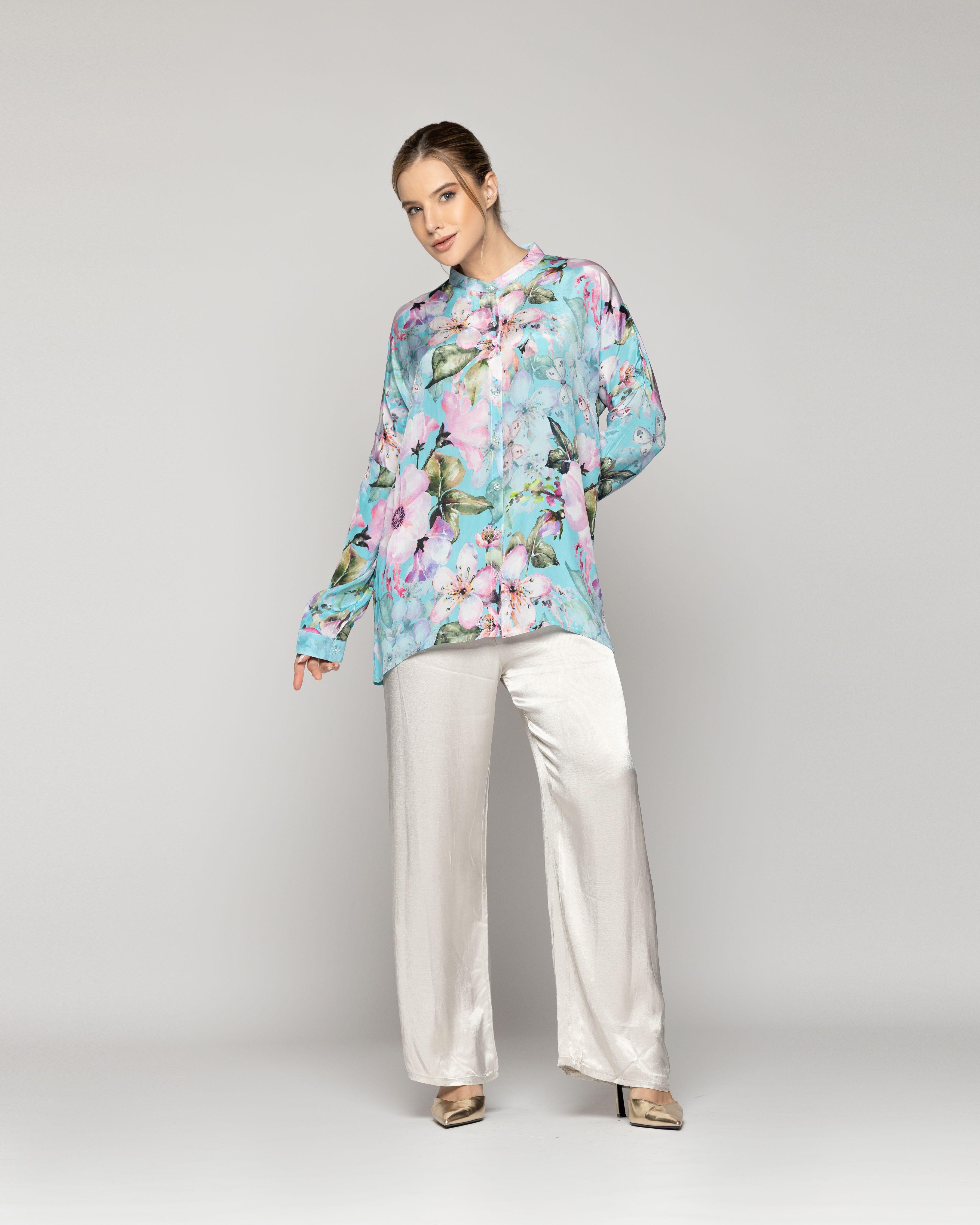 Blusa Mujer Briela Cuello Mao Estampada Con Flores Verde Menta Lineatre-4