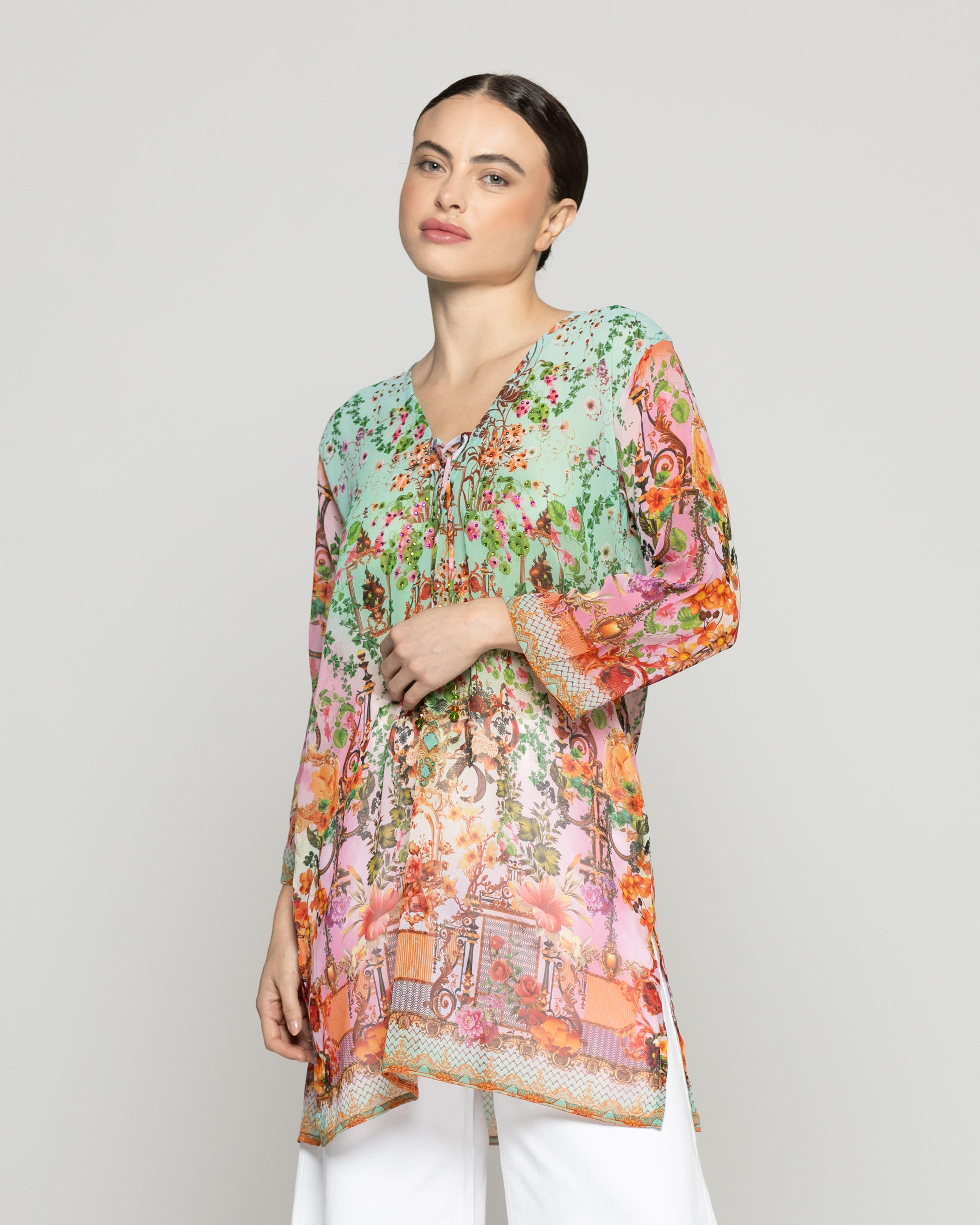 Túnica Mujer Qiana Con Brillos Estampado Floral Coral Y Verde Agua Lineatre-0