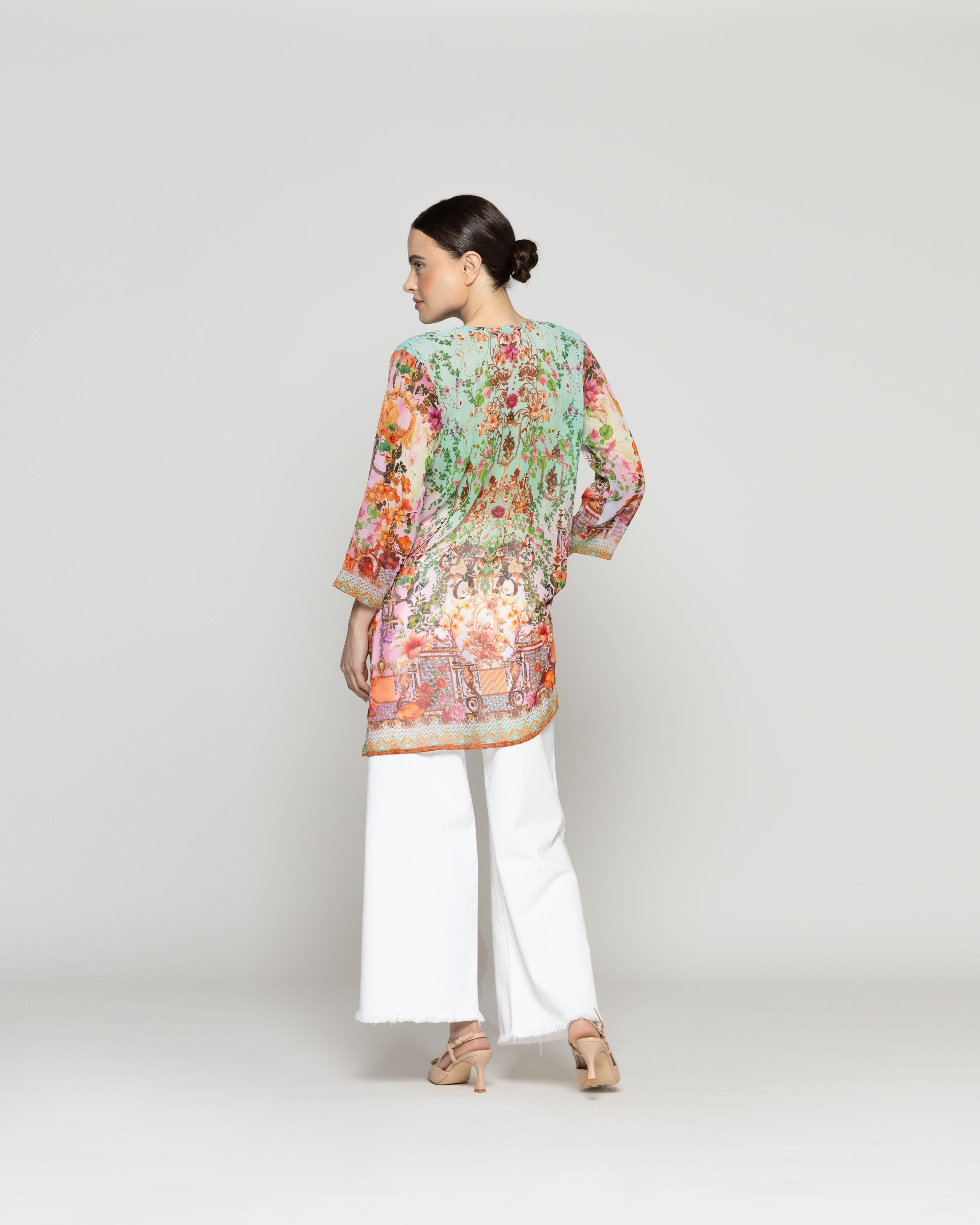 Túnica Mujer Qiana Con Brillos Estampado Floral Coral Y Verde Agua Lineatre-3