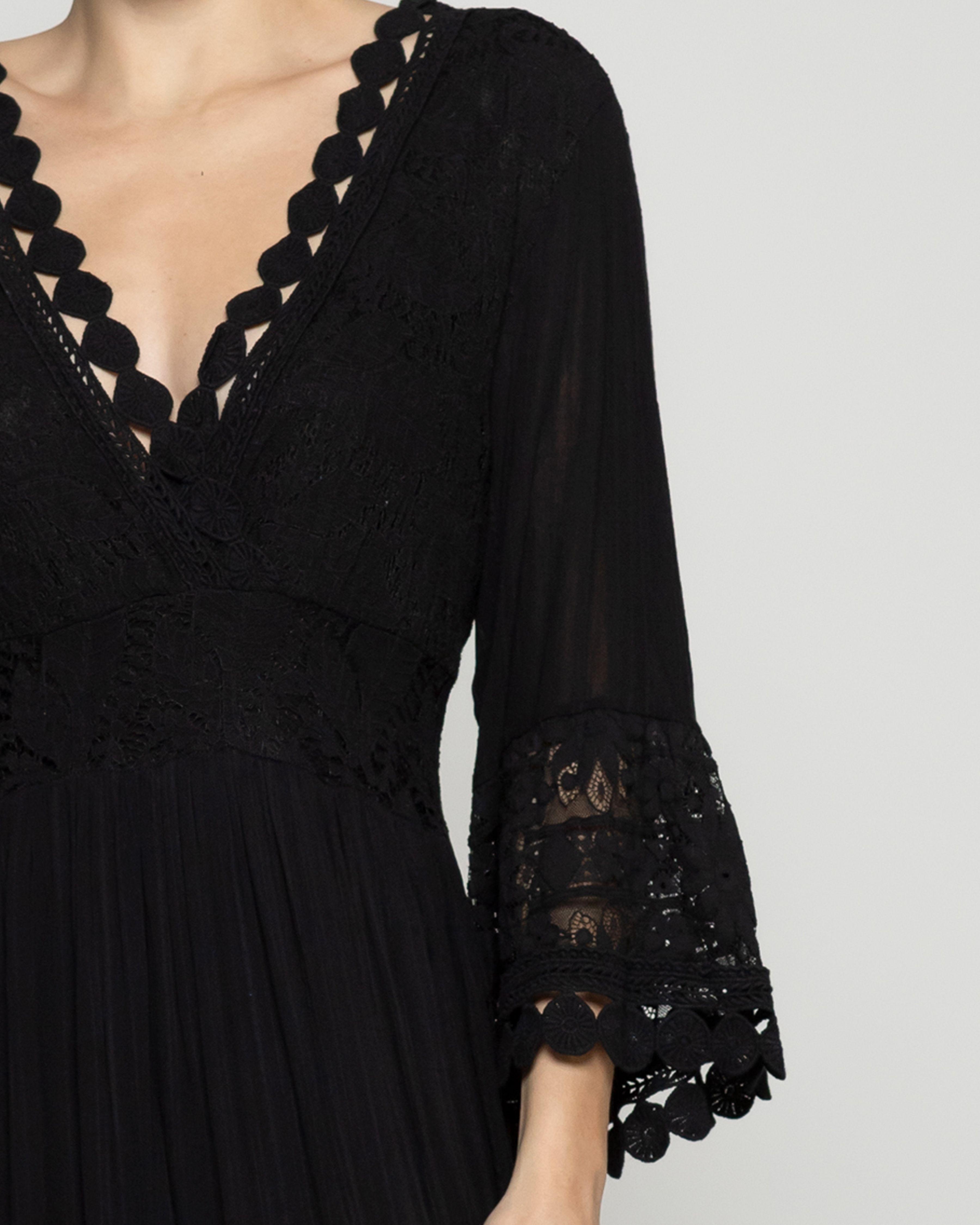 Vestido Mujer Largo Vienna Con Adornos De Encaje Negro Lineatre-2