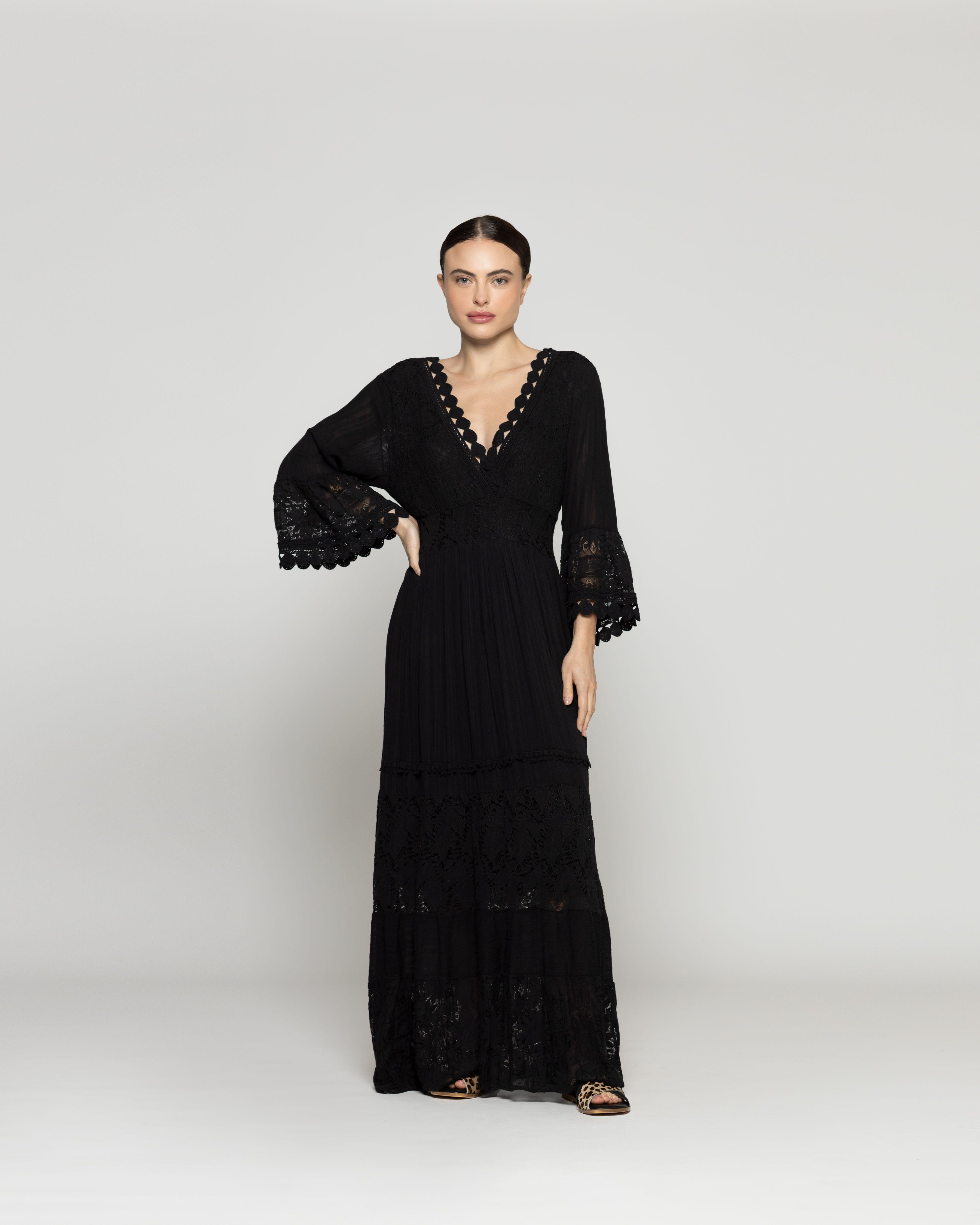 Vestido Mujer Largo Vienna Con Adornos De Encaje Negro Lineatre-4