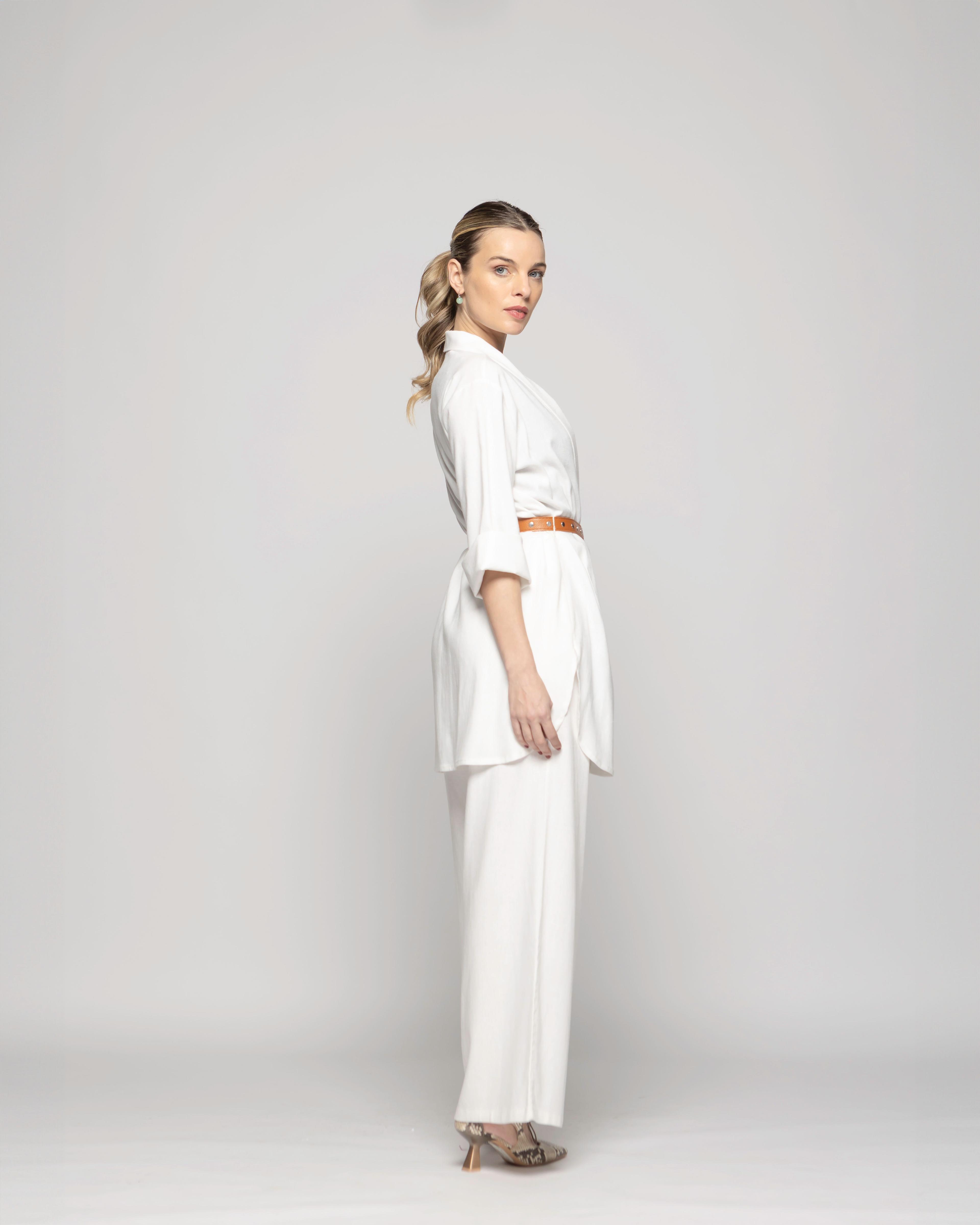 Túnica Kimono Mujer Verbena Manga 3/4 Con Cinturón Blanco Crudo Ludovica-4