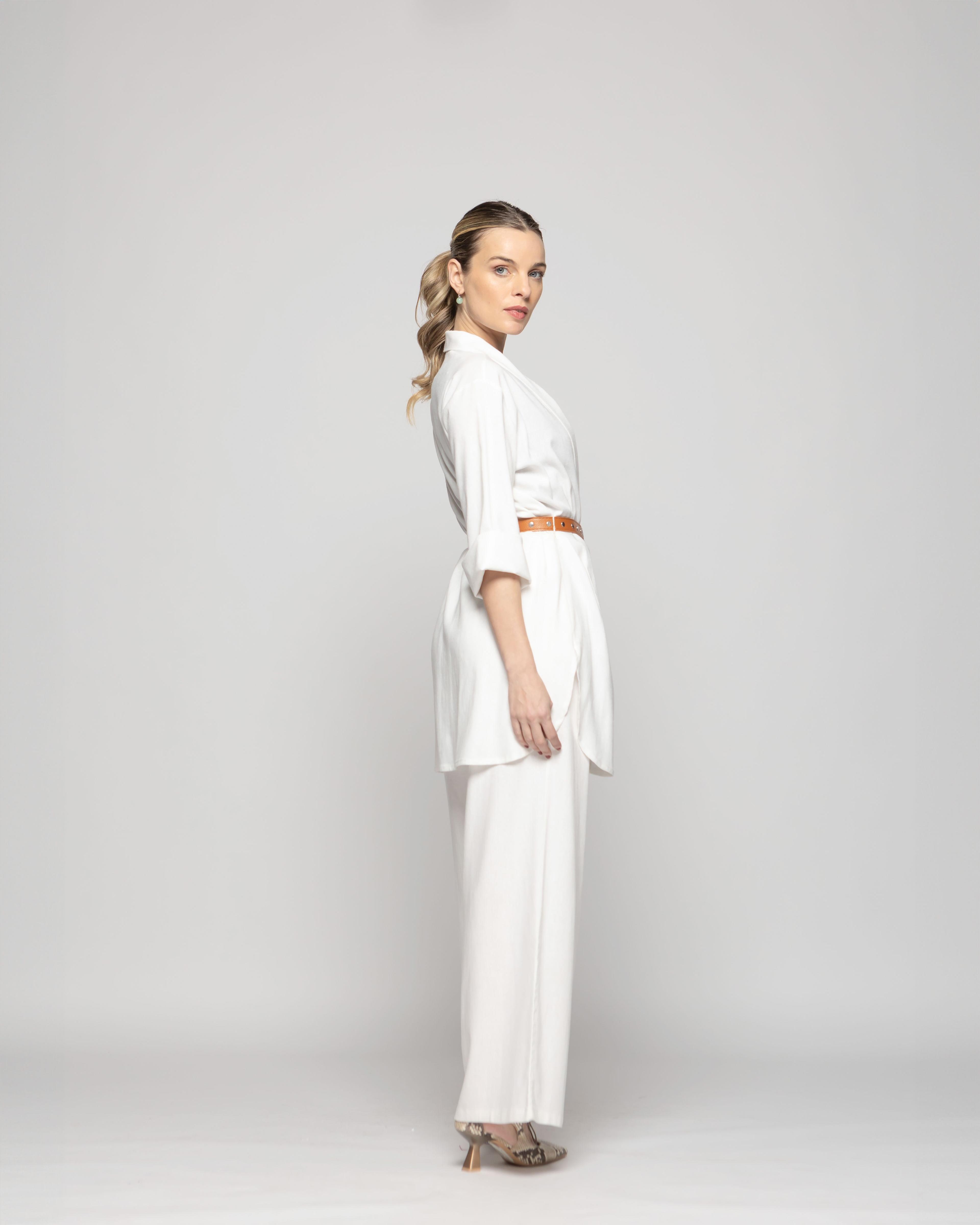 Túnica Kimono Mujer Verbena Manga 3/4 Con Cinturón Blanco Crudo Ludovica-5