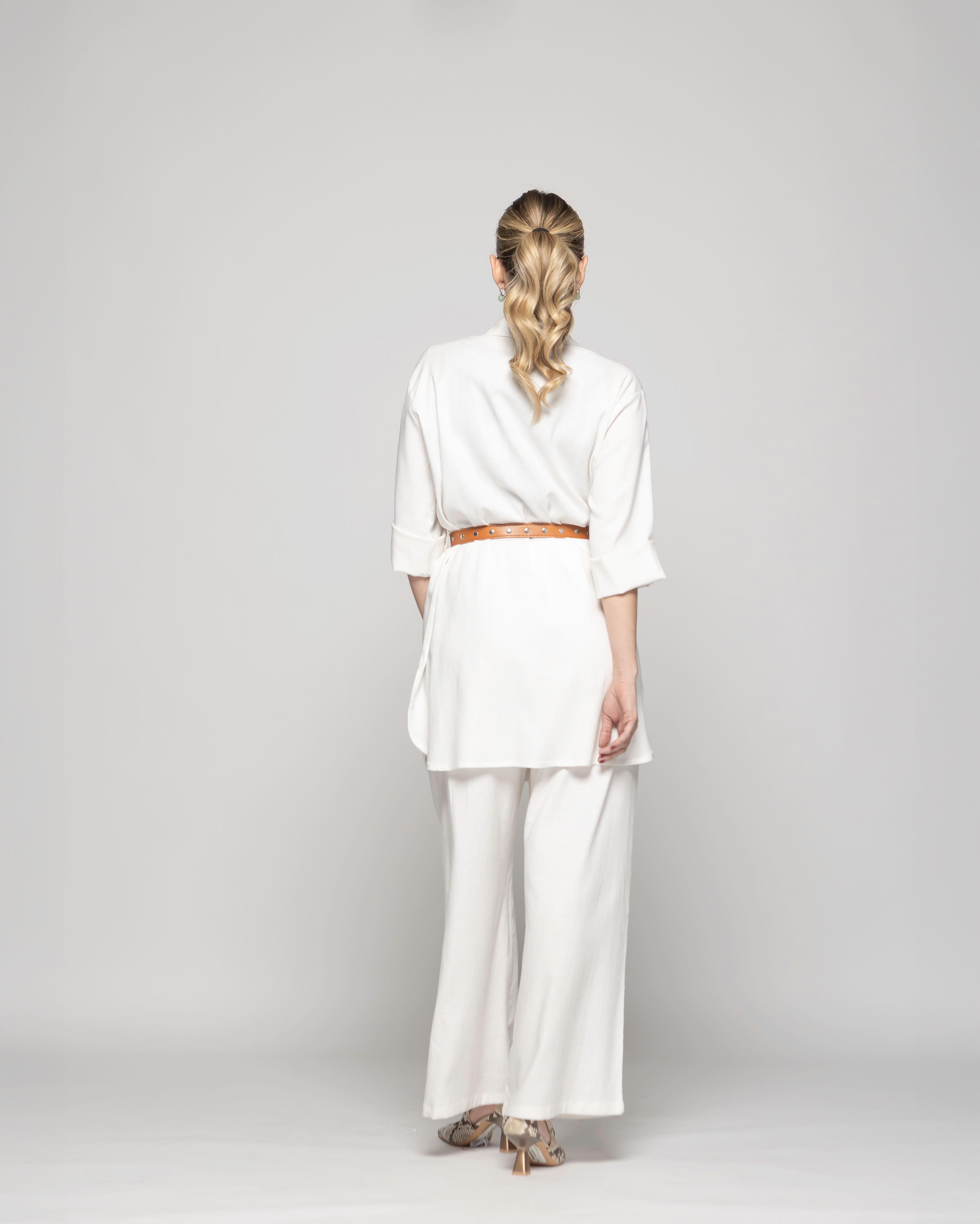 Túnica Kimono Mujer Verbena Manga 3/4 Con Cinturón Blanco Crudo Ludovica-6