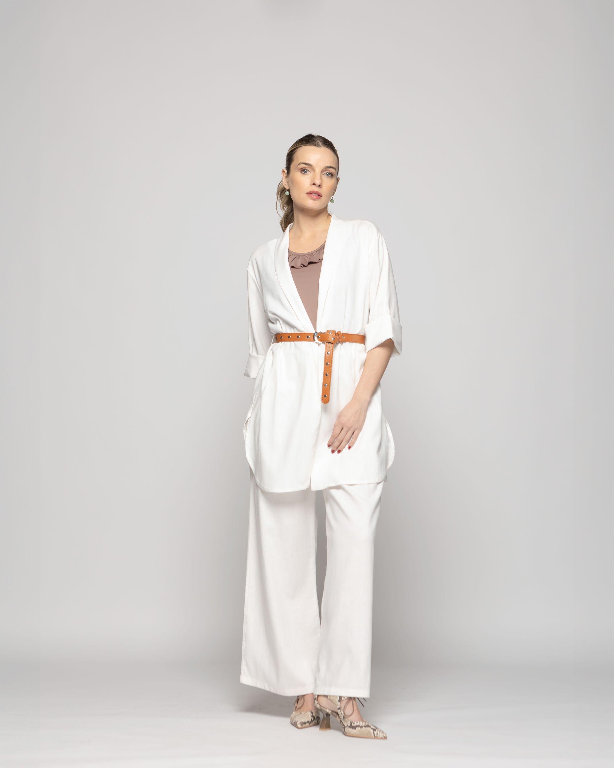 Túnica Kimono Mujer Verbena Manga 3/4 Con Cinturón Blanco Crudo Ludovica-2