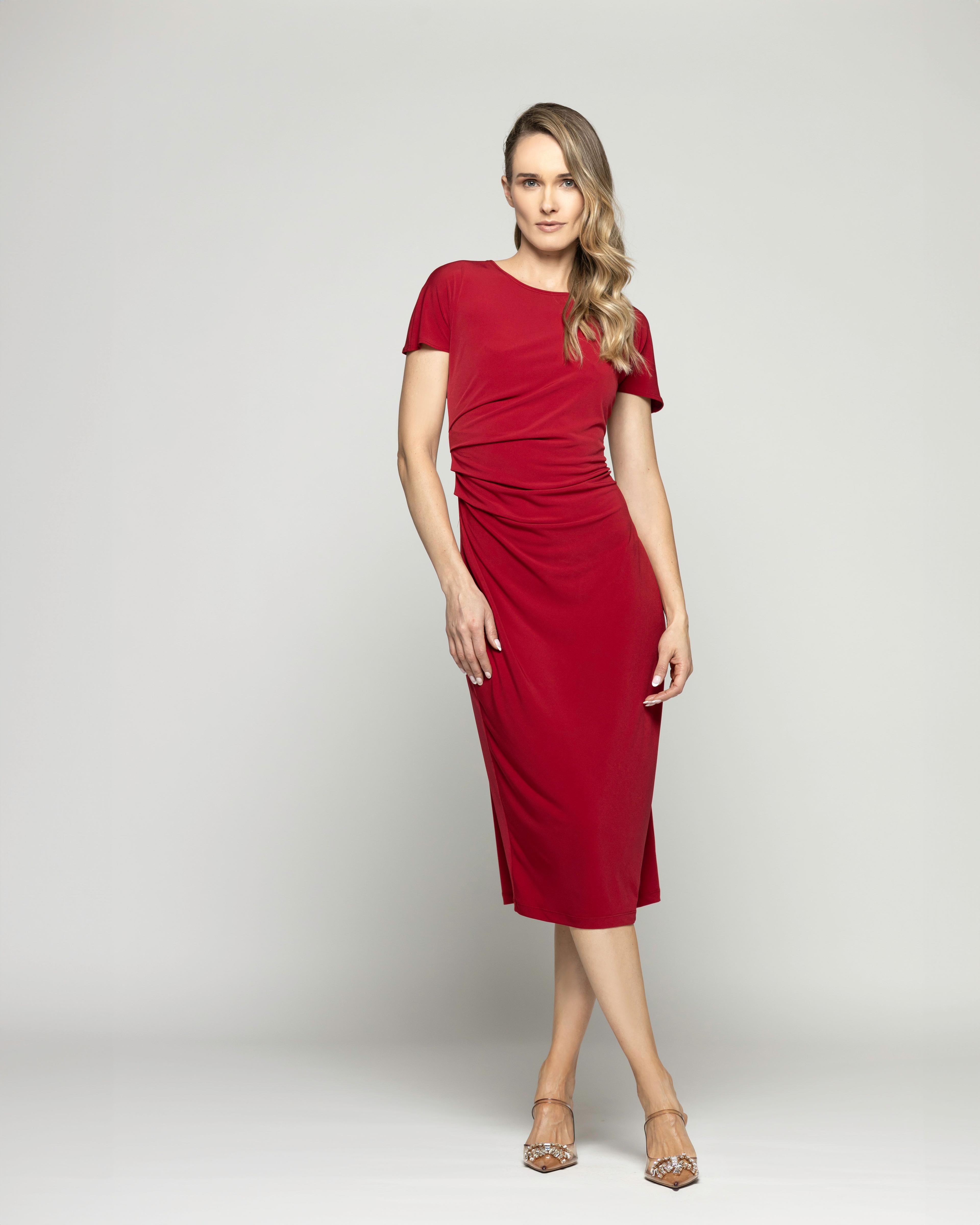 Vestido Mujer Alelí Midi Manga Corta Drapeado En Cintura Rojo Ludovica-0