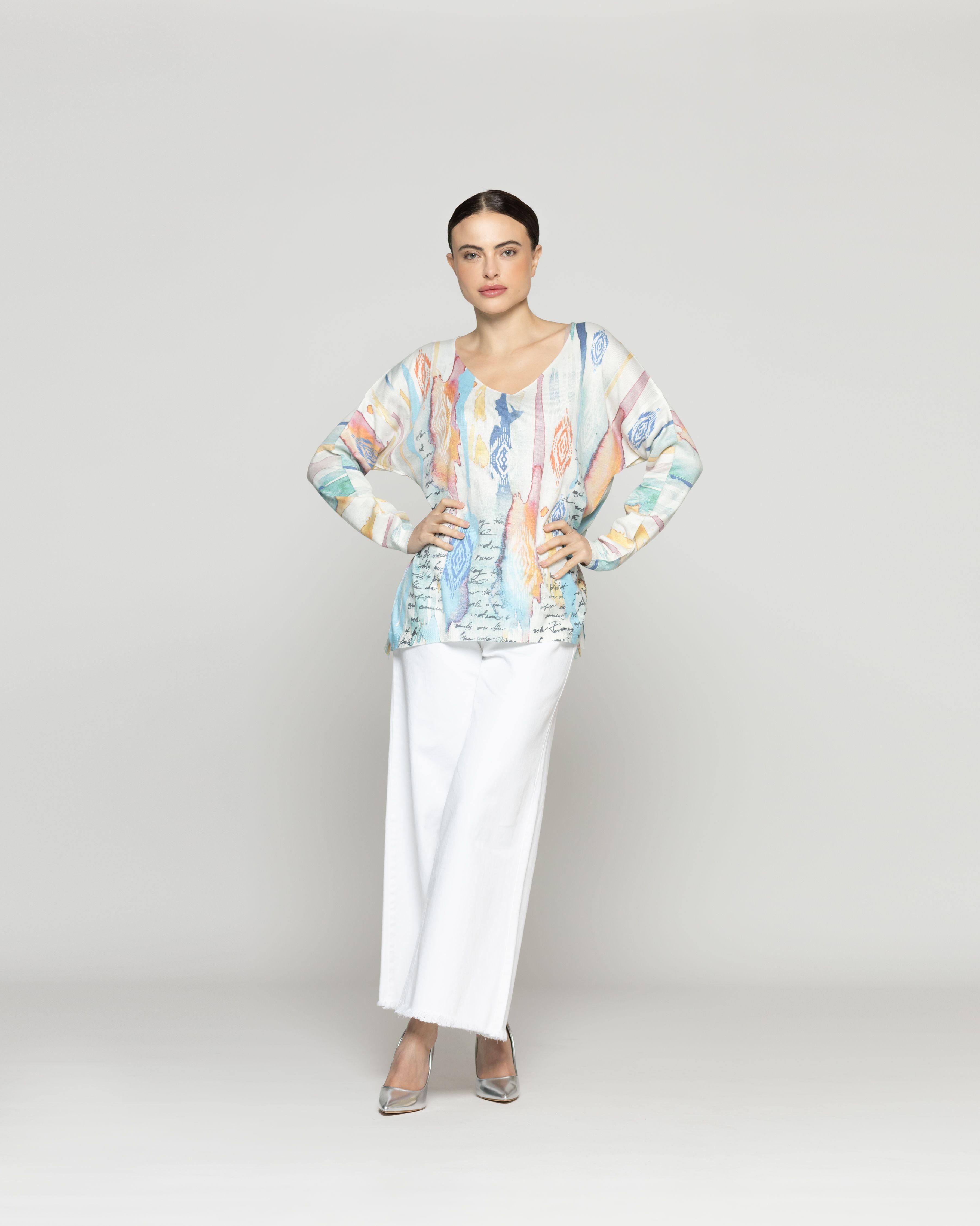 Sweater Mujer Wanda Tela Ligera Estampado Celeste Lineatre-4
