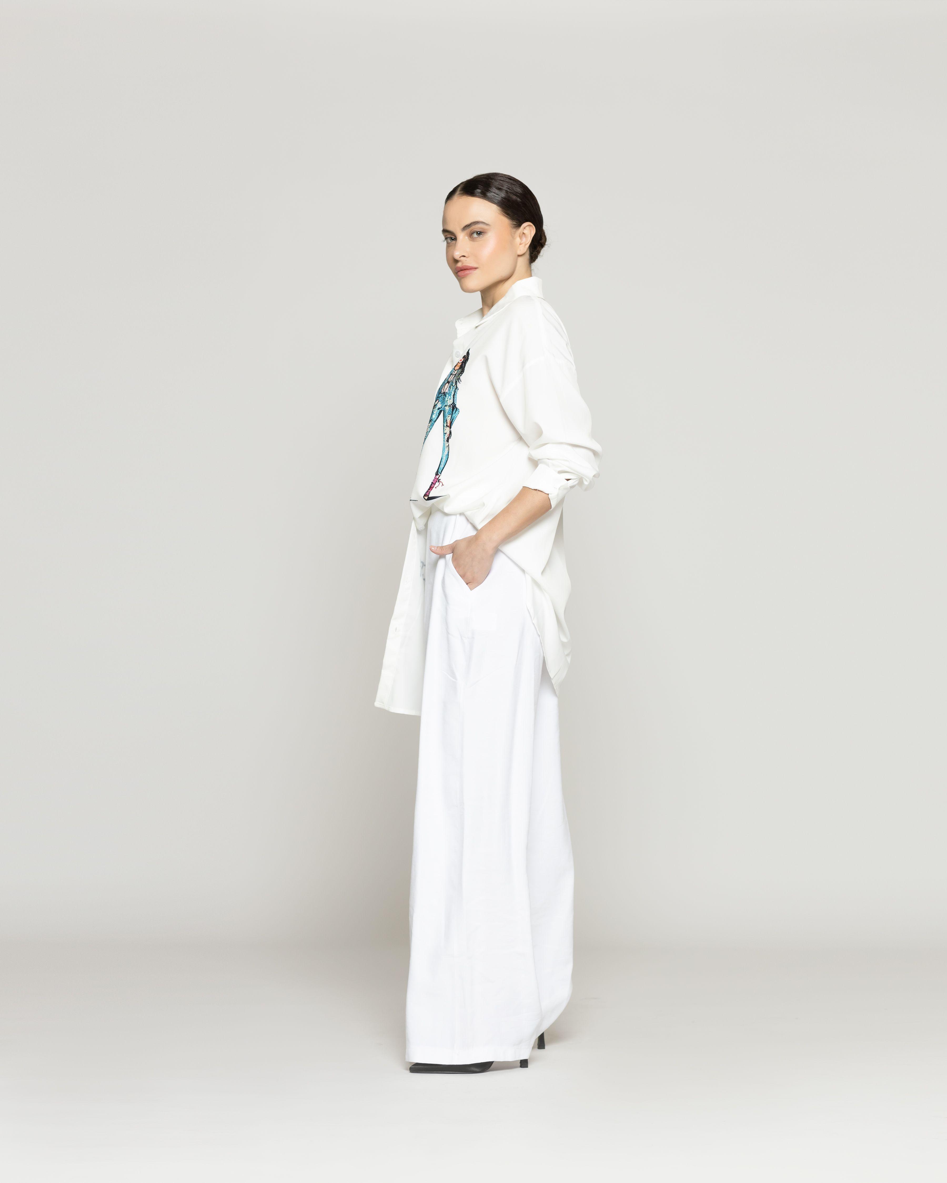 Blusa Mujer Briseida Larga Con Diseño De Mujer Y Brillos Blanca Lineatre-2