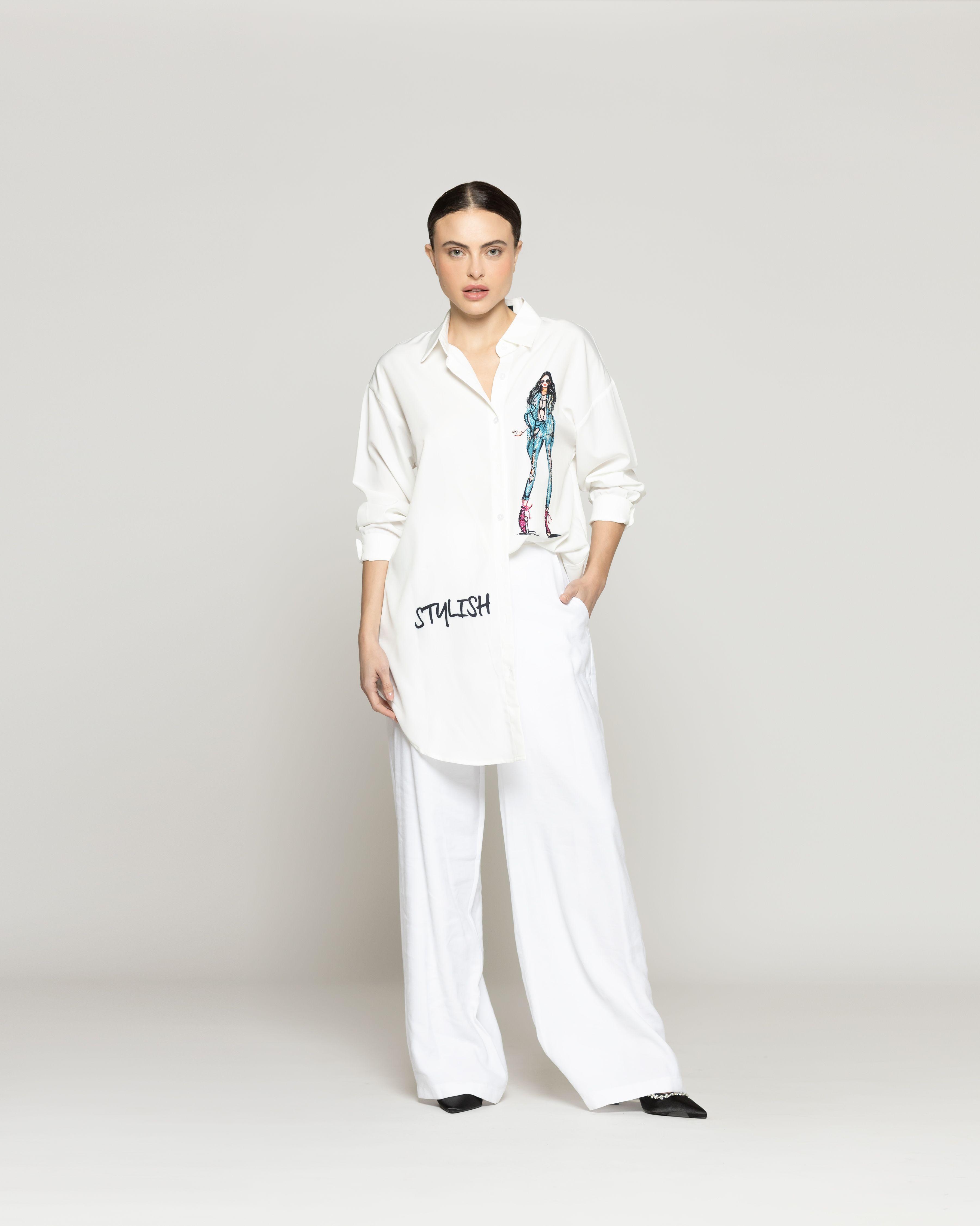 Blusa Mujer Briseida Larga Con Diseño De Mujer Y Brillos Blanca Lineatre-3