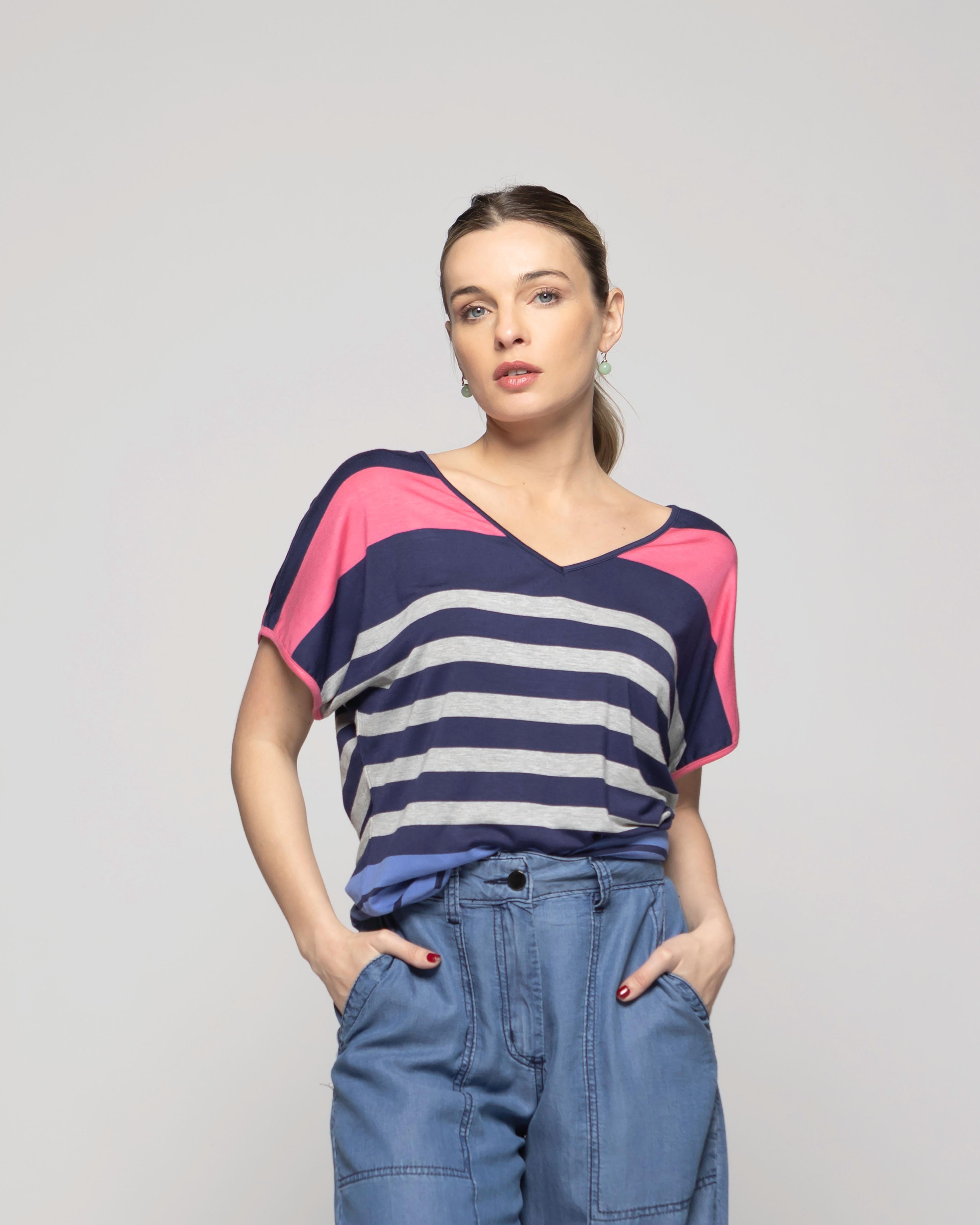 Polera Mujer Nemesia Escote V Manga Corta Rayas Multicolor Ludovica-2