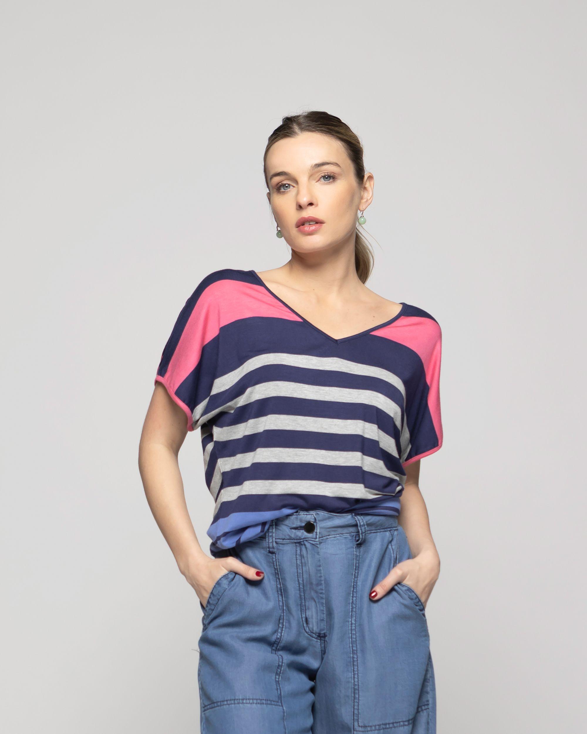 Polera Mujer Nemesia Escote V Manga Corta Rayas Multicolor Ludovica-3