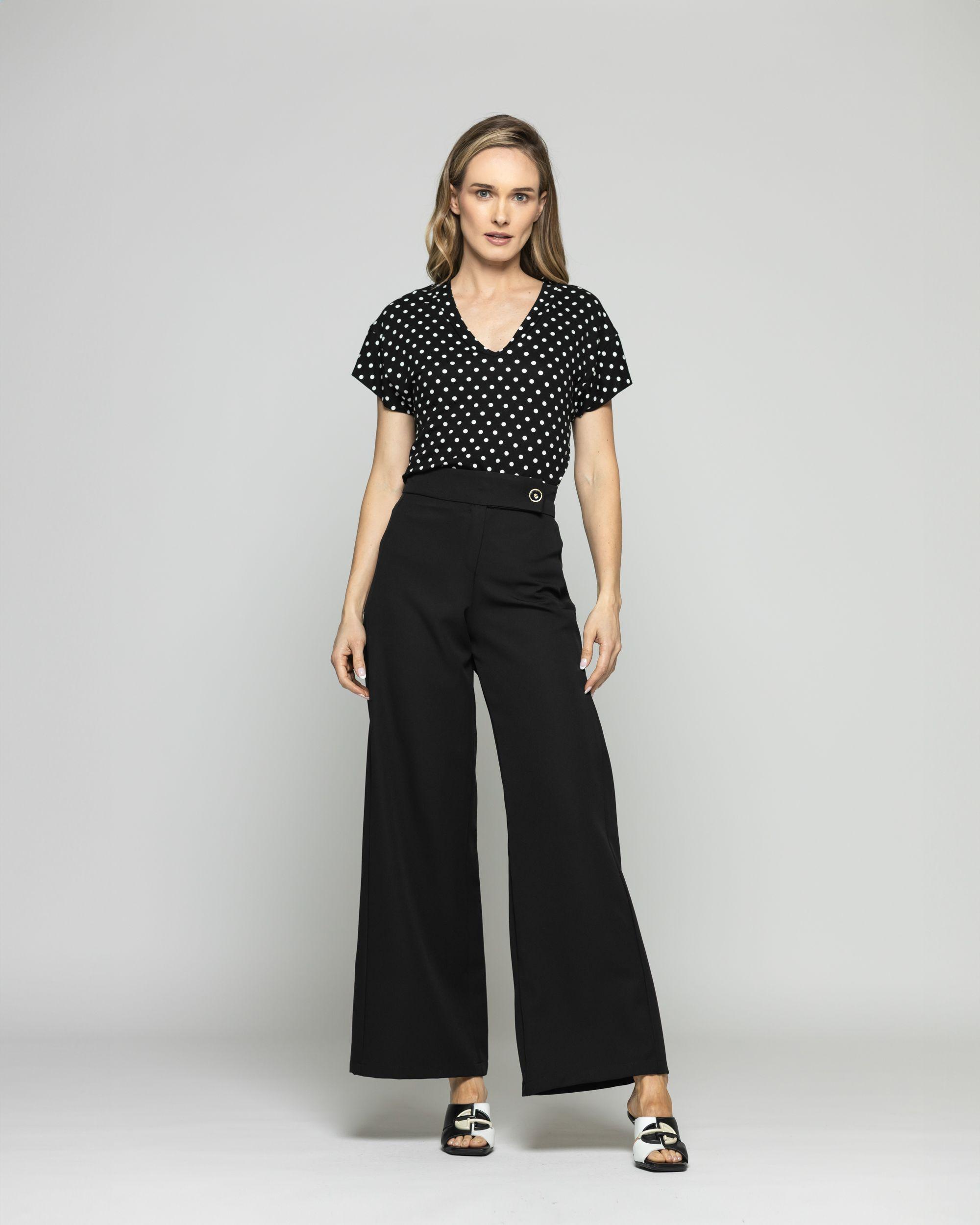 Polera Mujer Monarda Viscosa Manga Corta Lunares Blancos Negra Ludovica-1