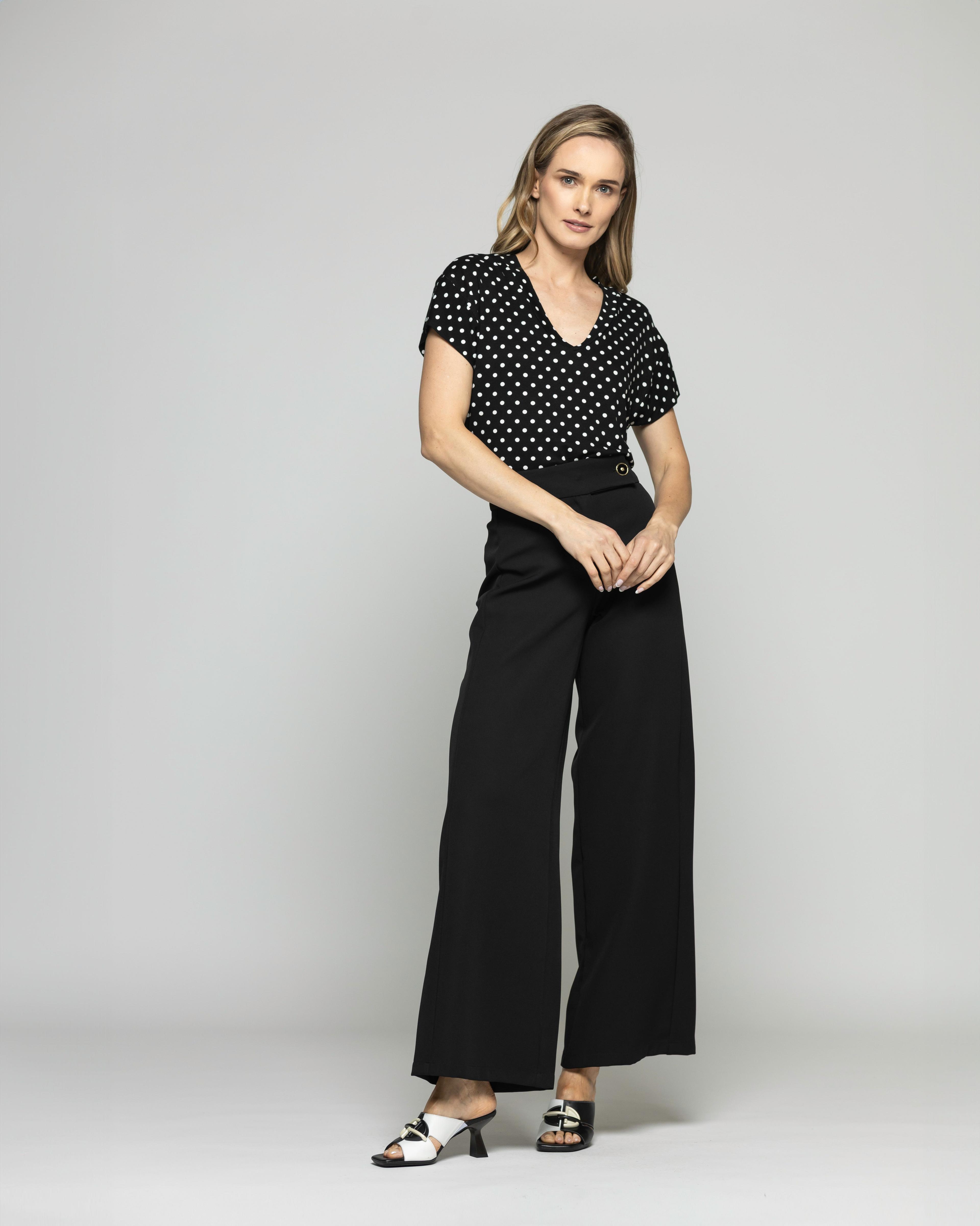 Polera Mujer Monarda Viscosa Manga Corta Lunares Blancos Negra Ludovica-8