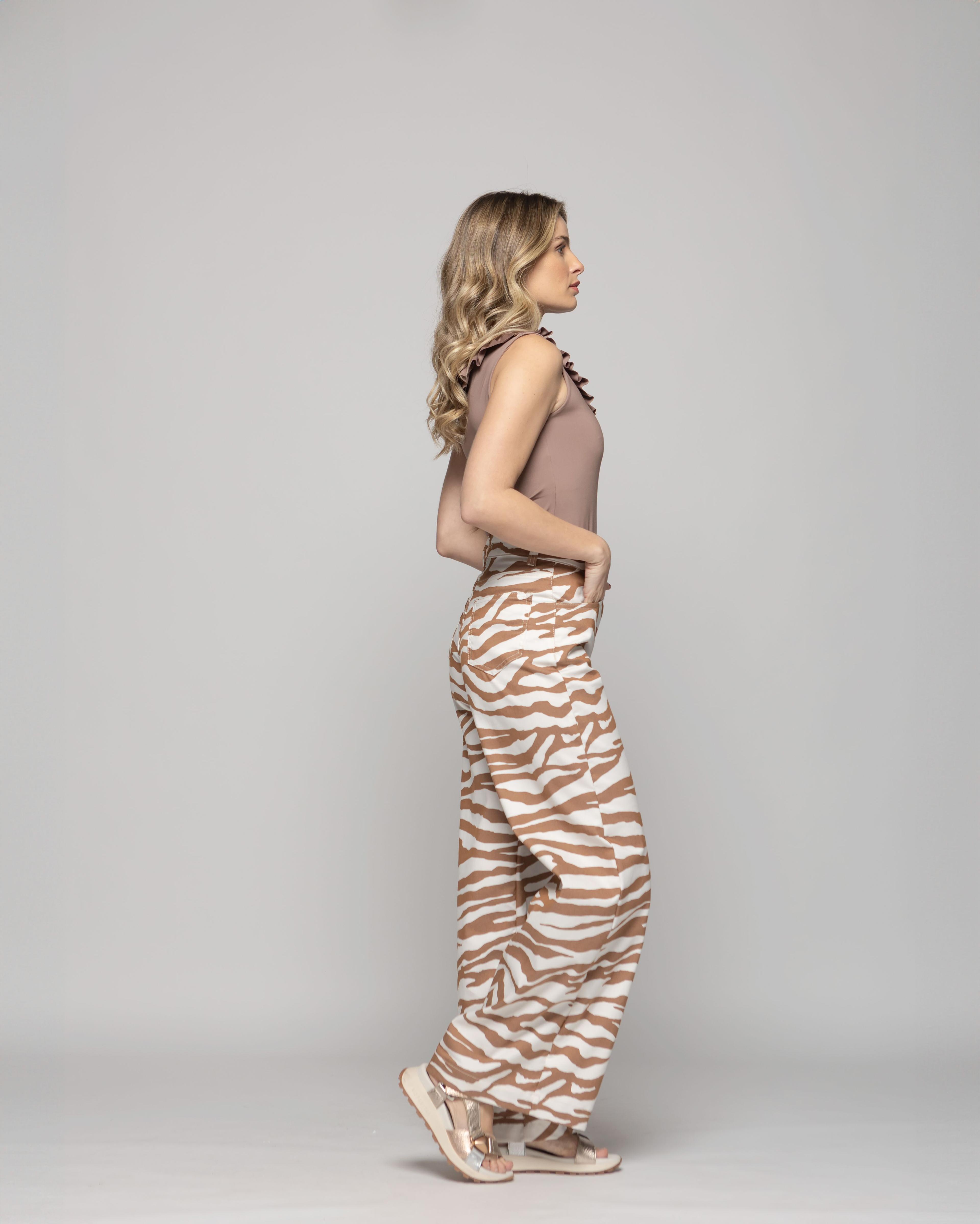 Pantalón Mujer Sakura Palazzo Algodón Estampado Cebra Café Ludovica-5