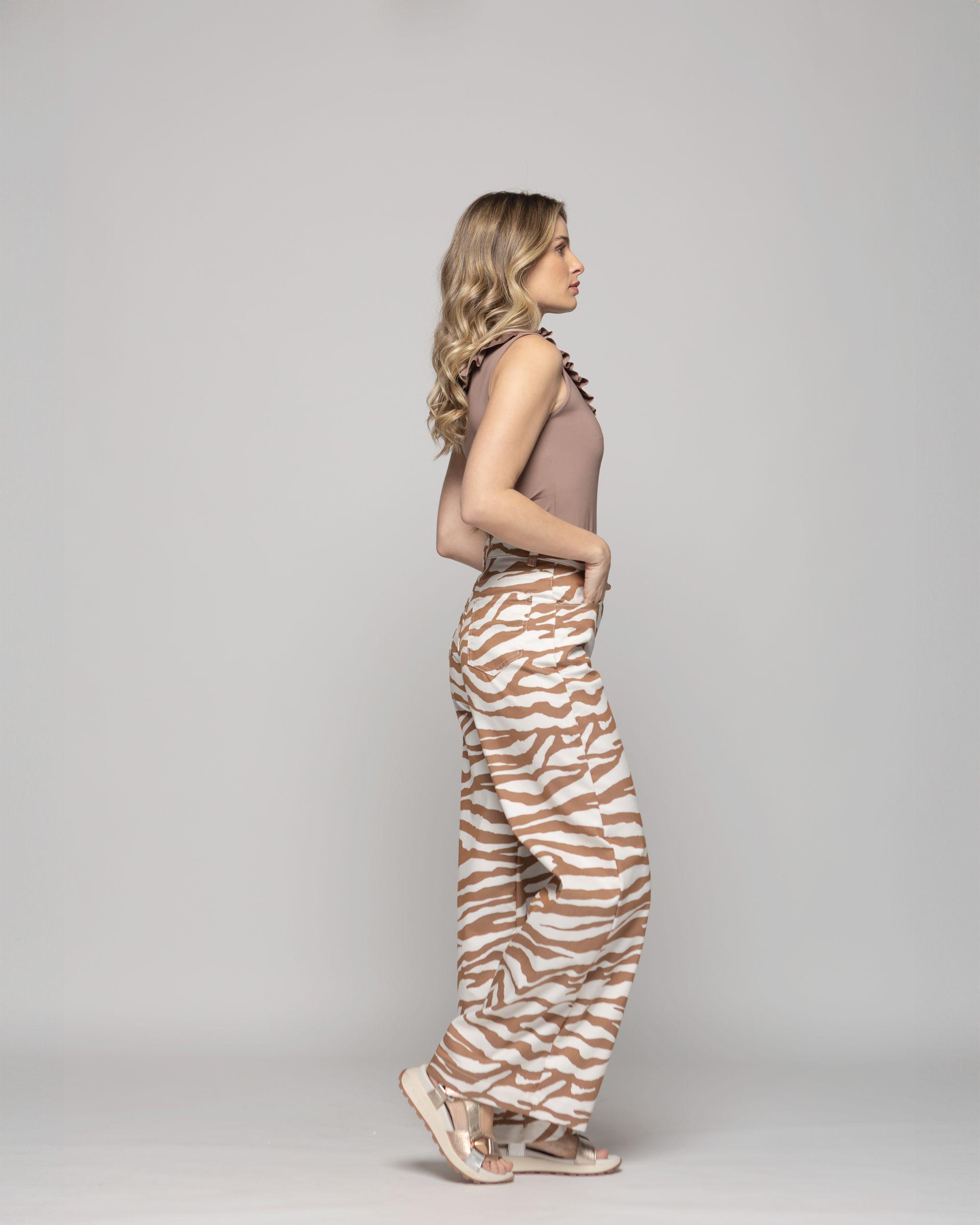 Pantalón Mujer Sakura Palazzo Algodón Estampado Cebra Café Ludovica-5