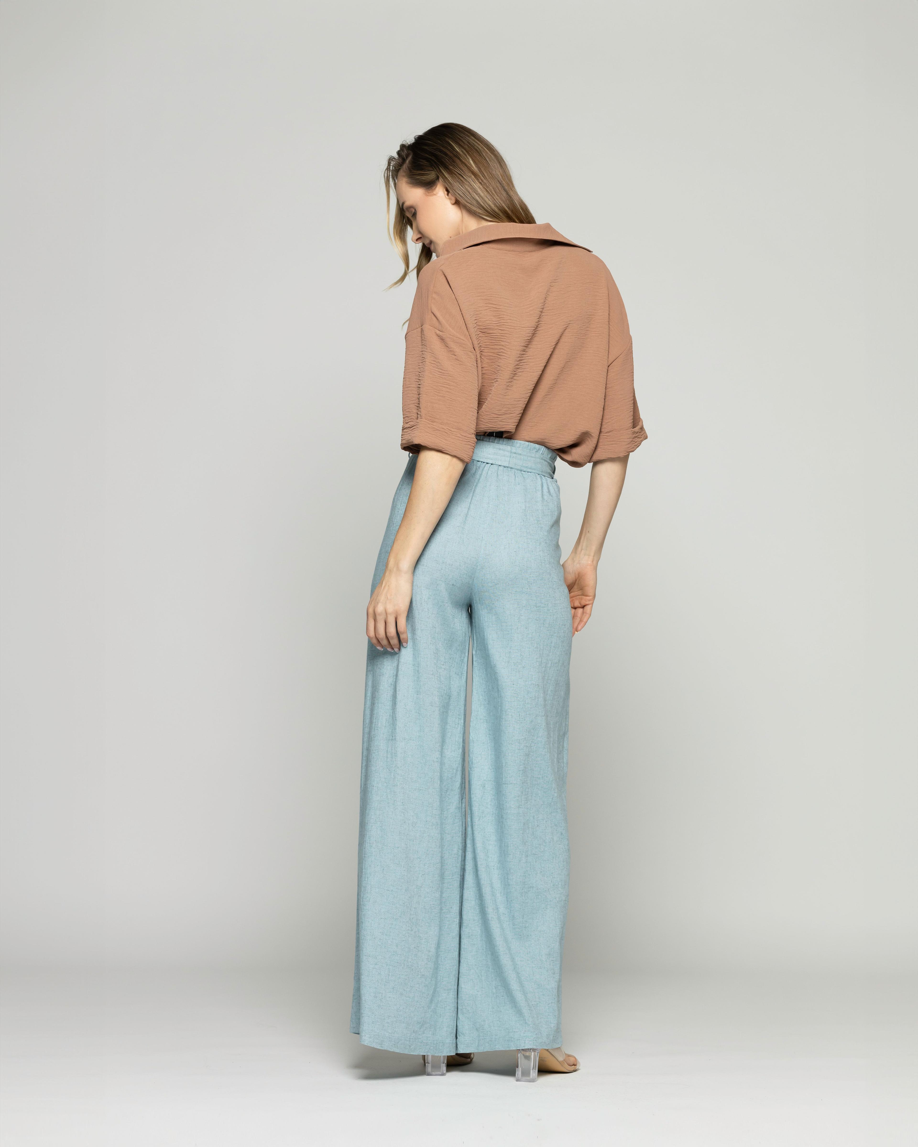Pantalón Mujer Senecio Palazzo Viscosa Con Lazo Liso Celeste Agua Ludovica-2