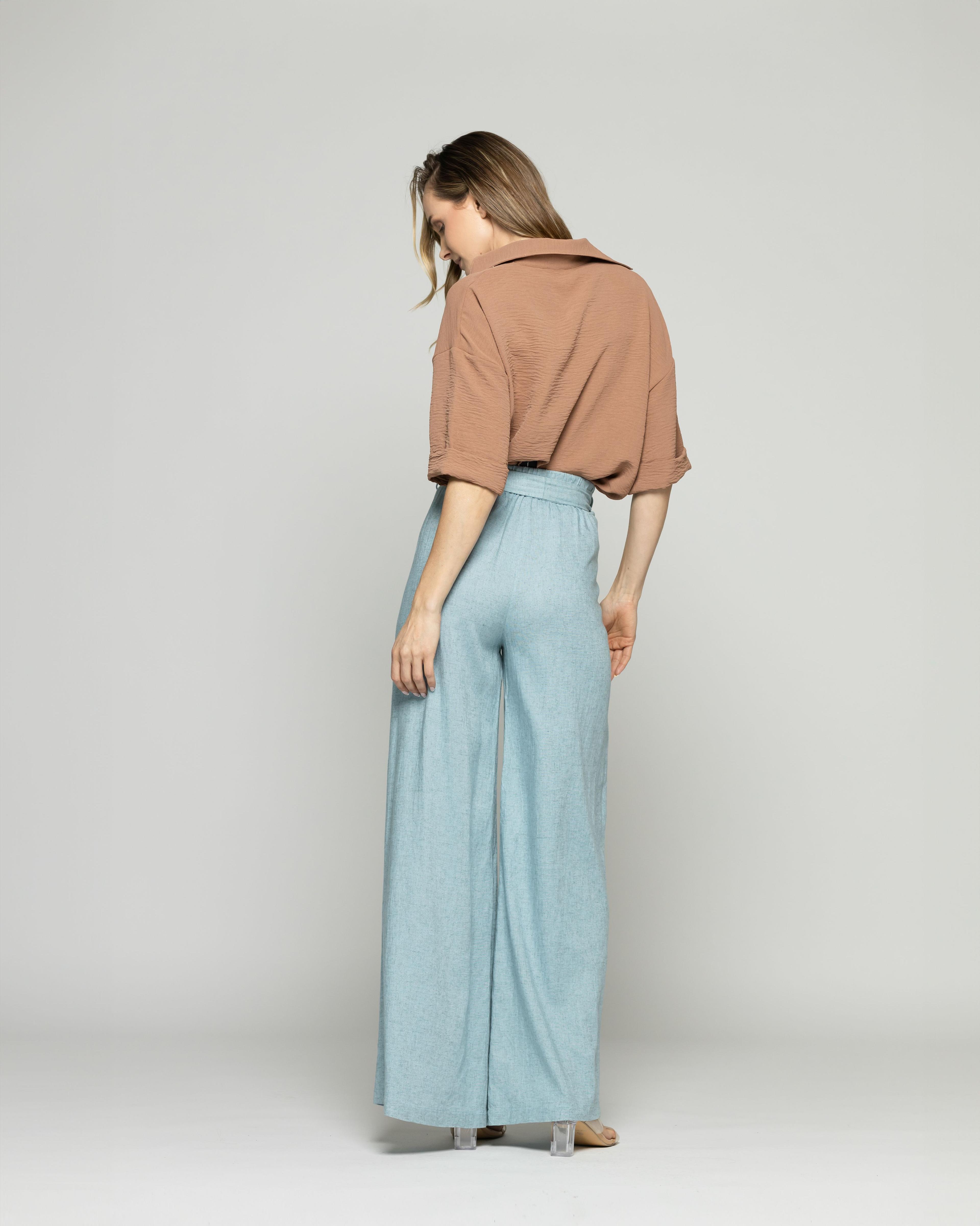 Pantalón Mujer Senecio Palazzo Viscosa Con Lazo Liso Celeste Agua Ludovica-3