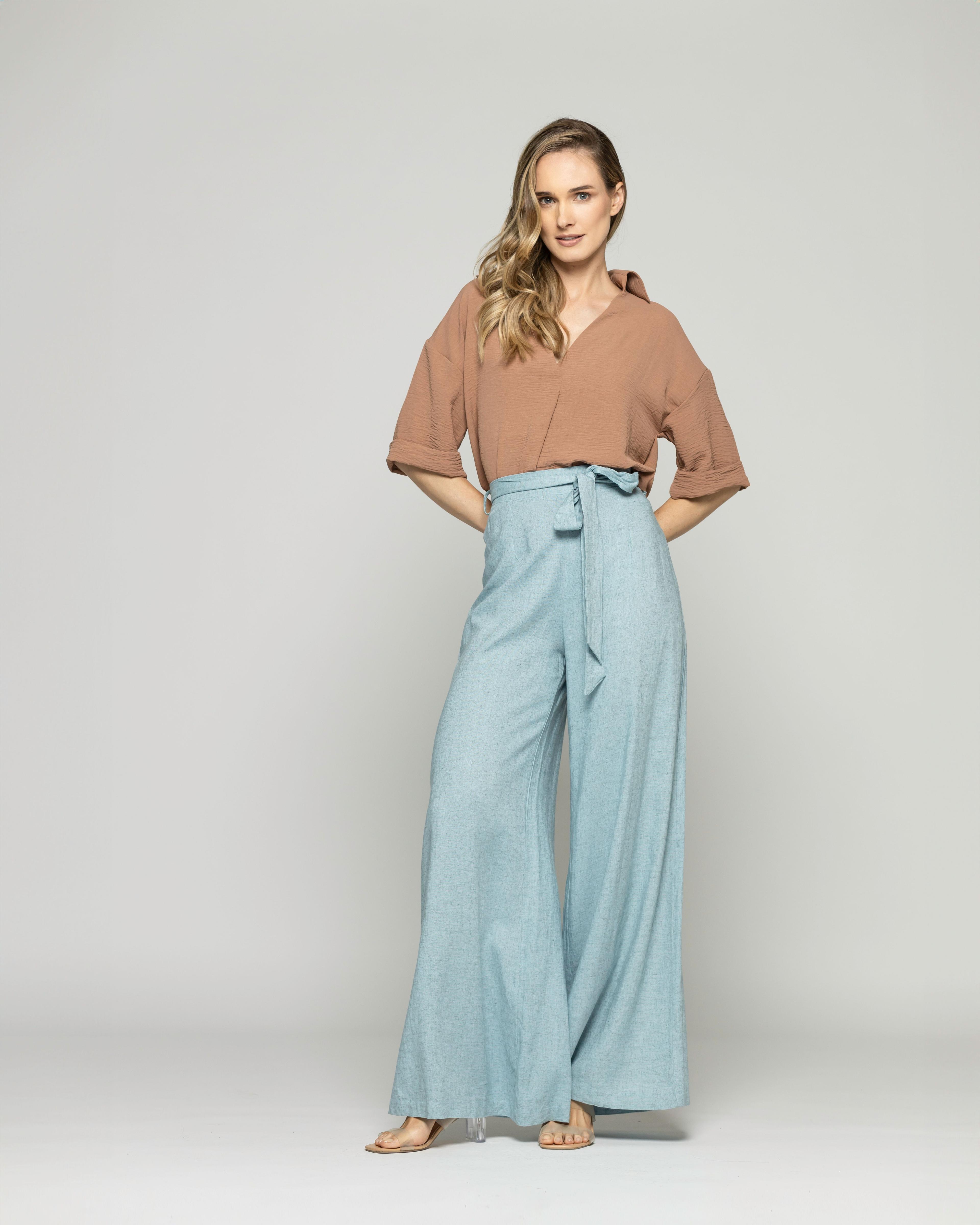 Pantalón Mujer Senecio Palazzo Viscosa Con Lazo Liso Celeste Agua Ludovica-4