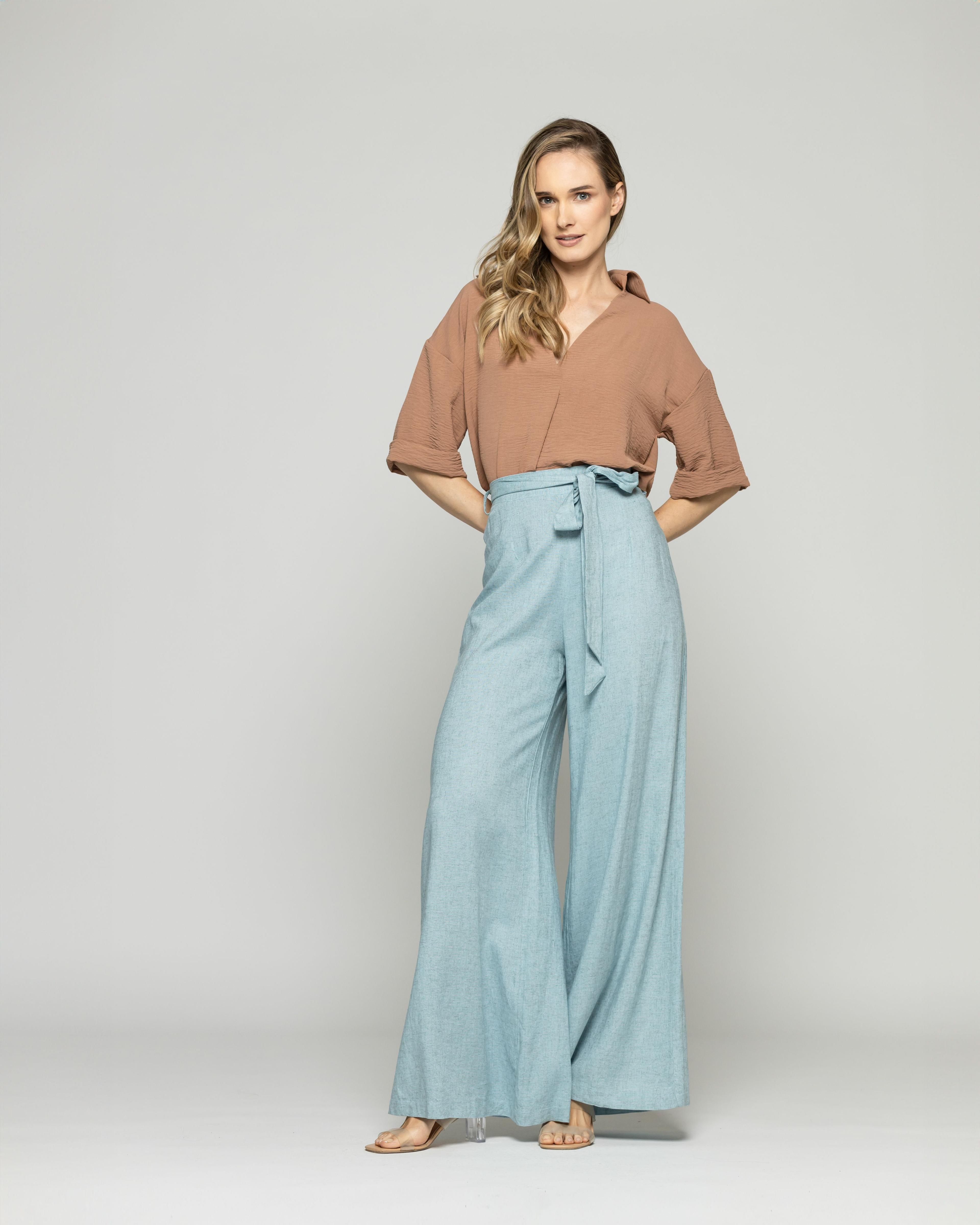 Pantalón Mujer Senecio Palazzo Viscosa Con Lazo Liso Celeste Agua Ludovica-5