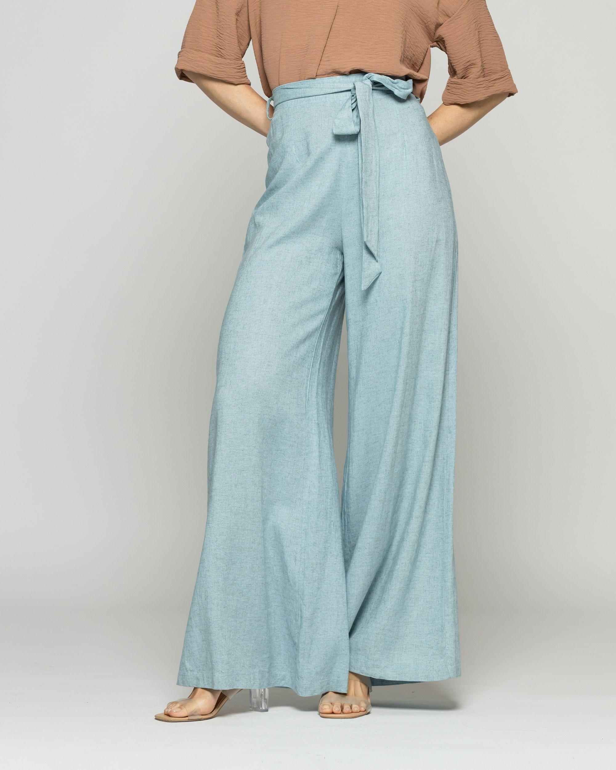 Pantalón Mujer Senecio Palazzo Viscosa Con Lazo Liso Celeste Agua Ludovica-2