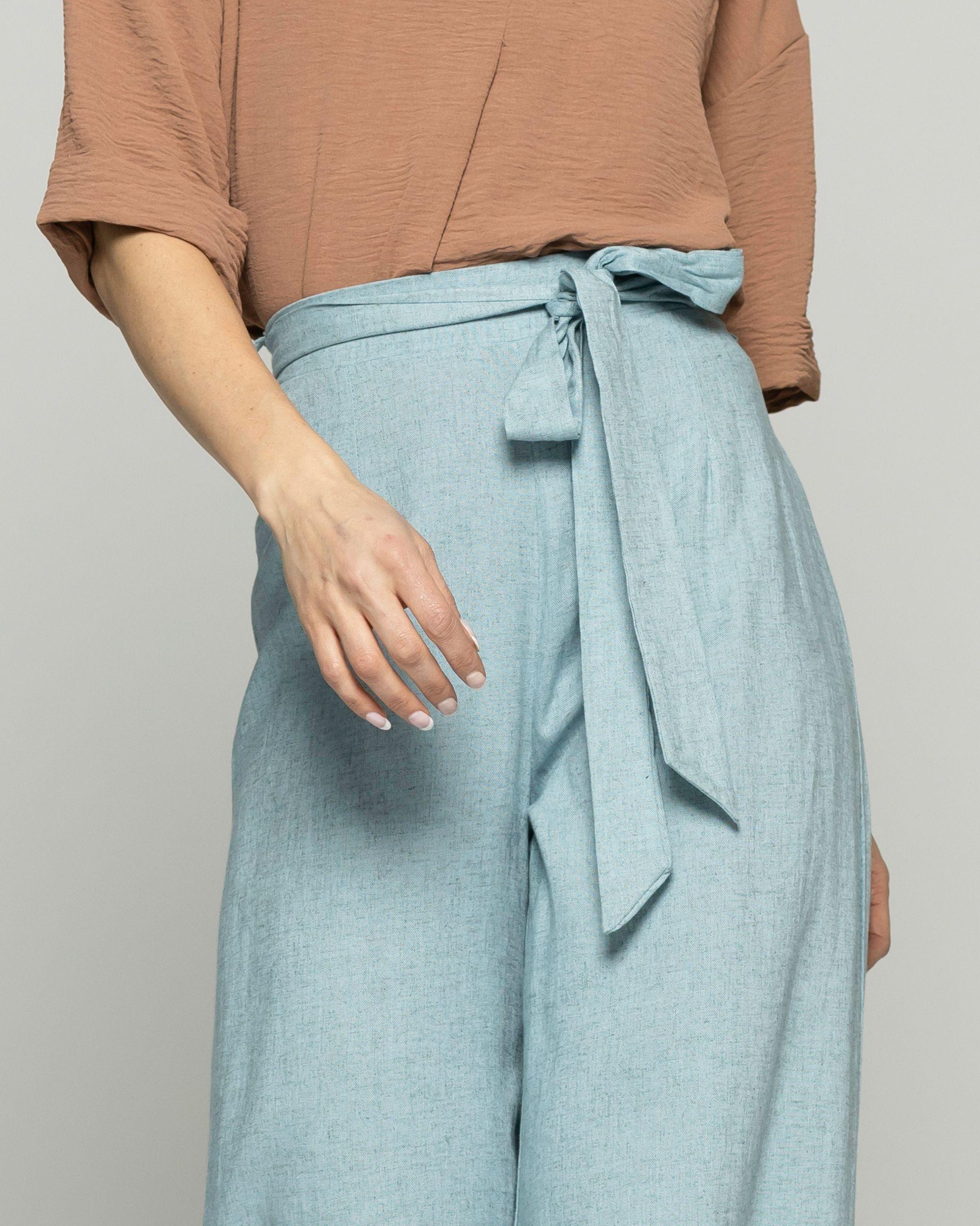 Pantalón Mujer Senecio Palazzo Viscosa Con Lazo Liso Celeste Agua Ludovica-5