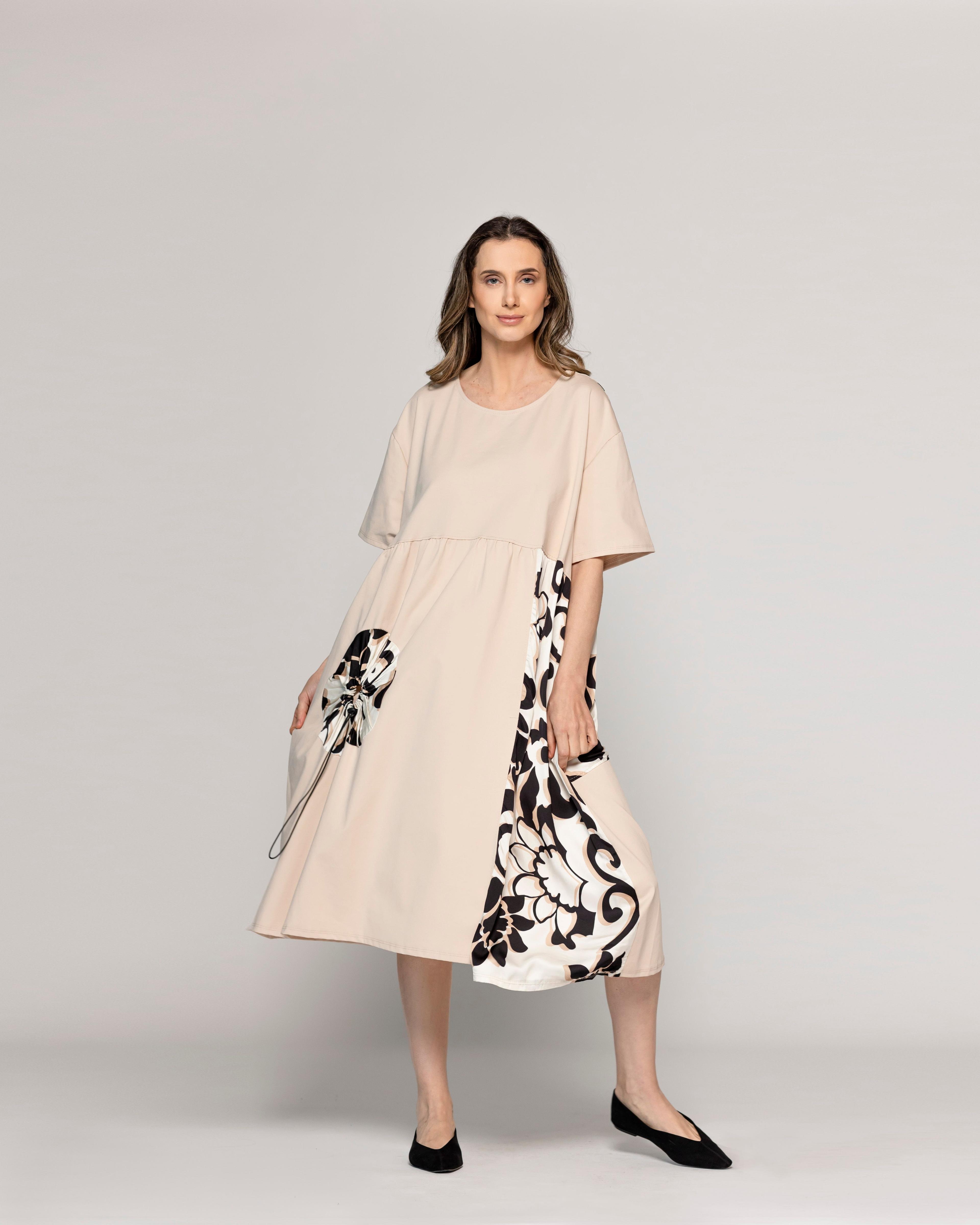 Vestido Mujer Largo Vania Con Bolsillo Decorativo Elasticado Beige Lineatre-4